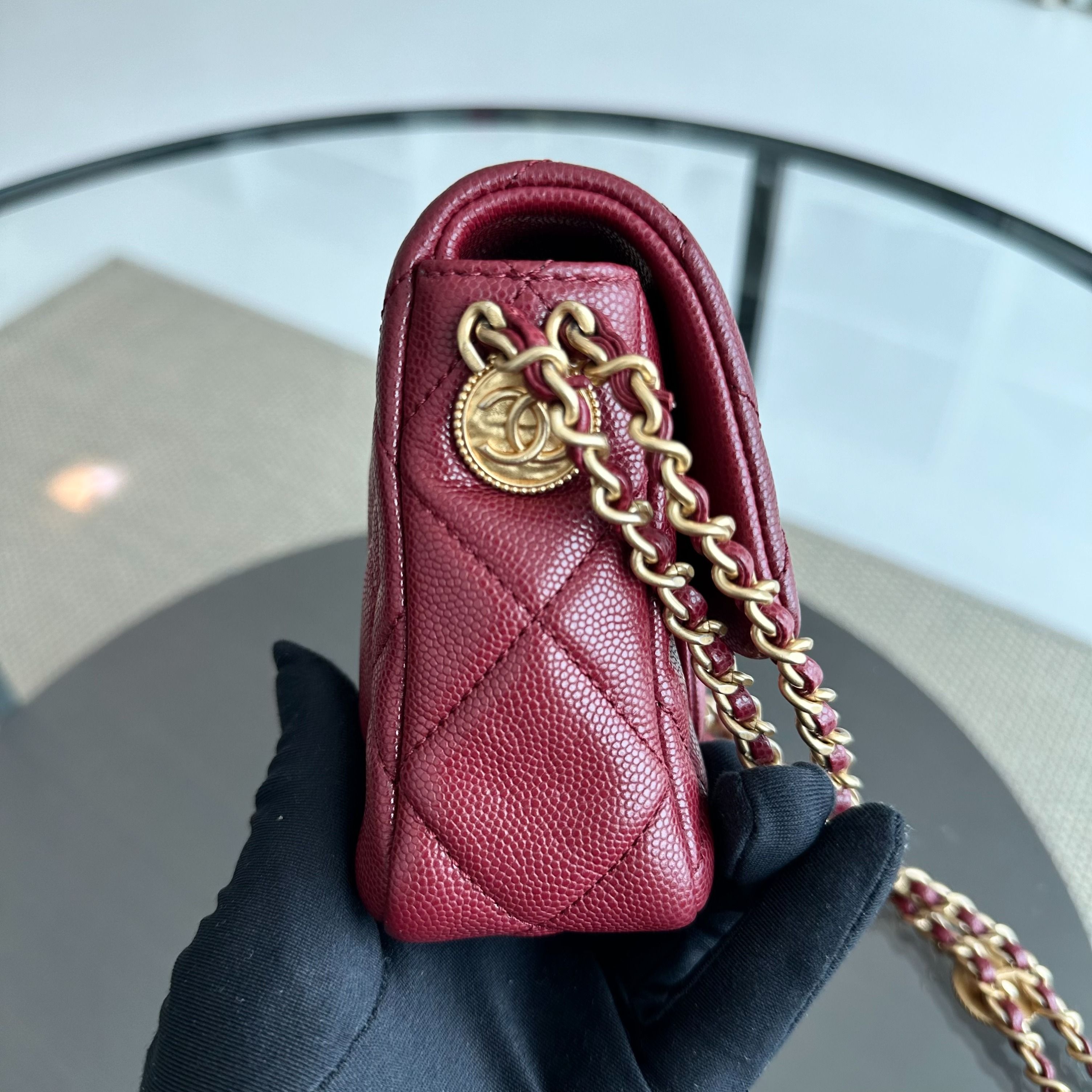 *Microchip* Chanel Caviar 2022 Mini Rectangular Quilted Twist Your Buttons Flap Burgundy GHW - Luxury Evermore