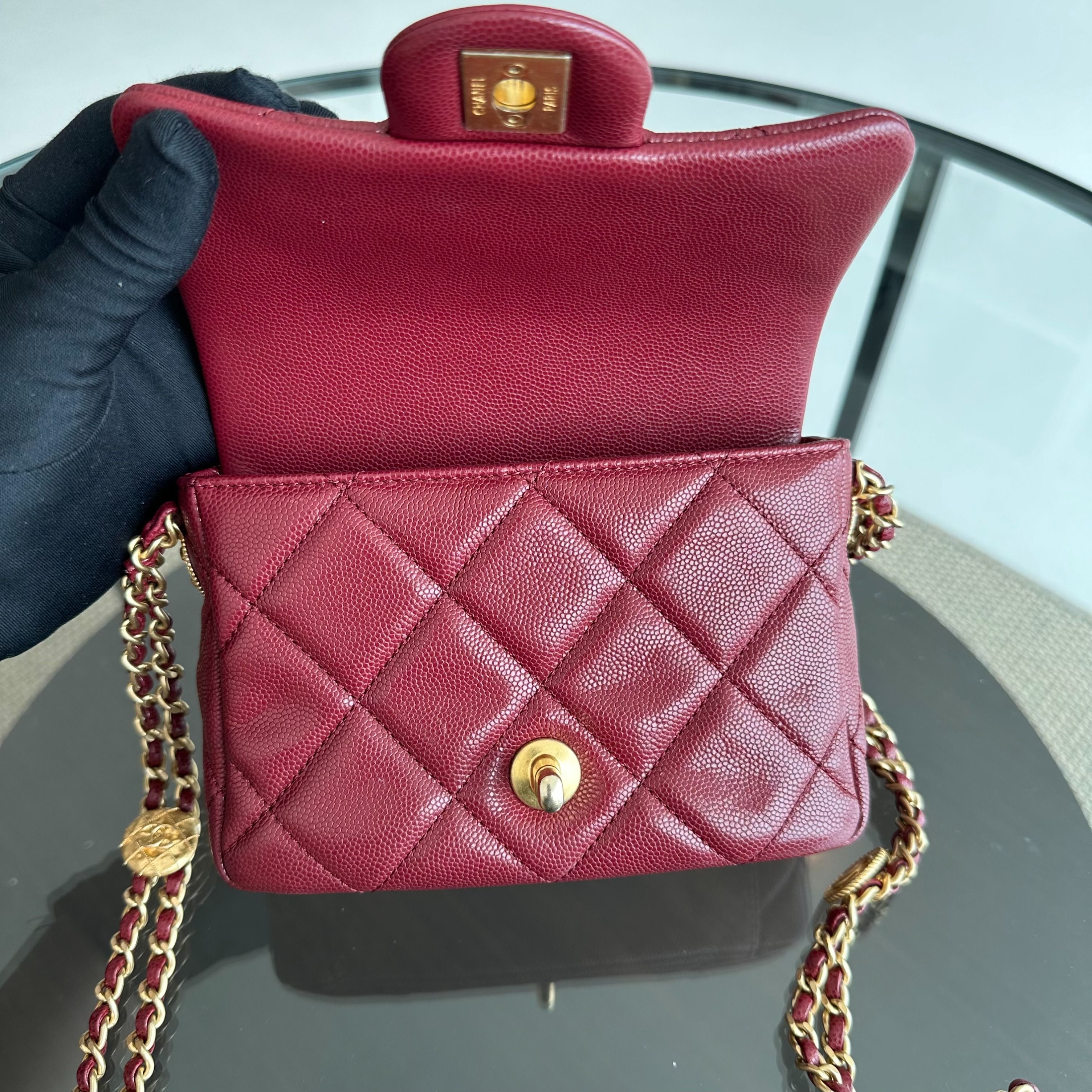 *Microchip* Chanel Caviar 2022 Mini Rectangular Quilted Twist Your Buttons Flap Burgundy GHW - Luxury Evermore