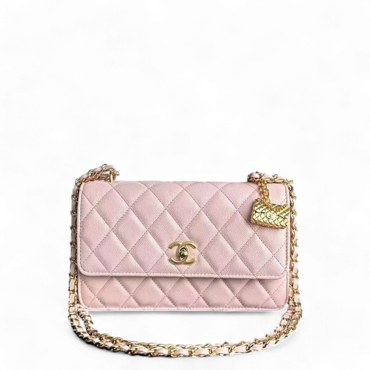 *Microchip* Chanel Caviar 23S - Wallet On Chain WOC Quilted Grained Calfskin Sakura Pink Golden Hardware