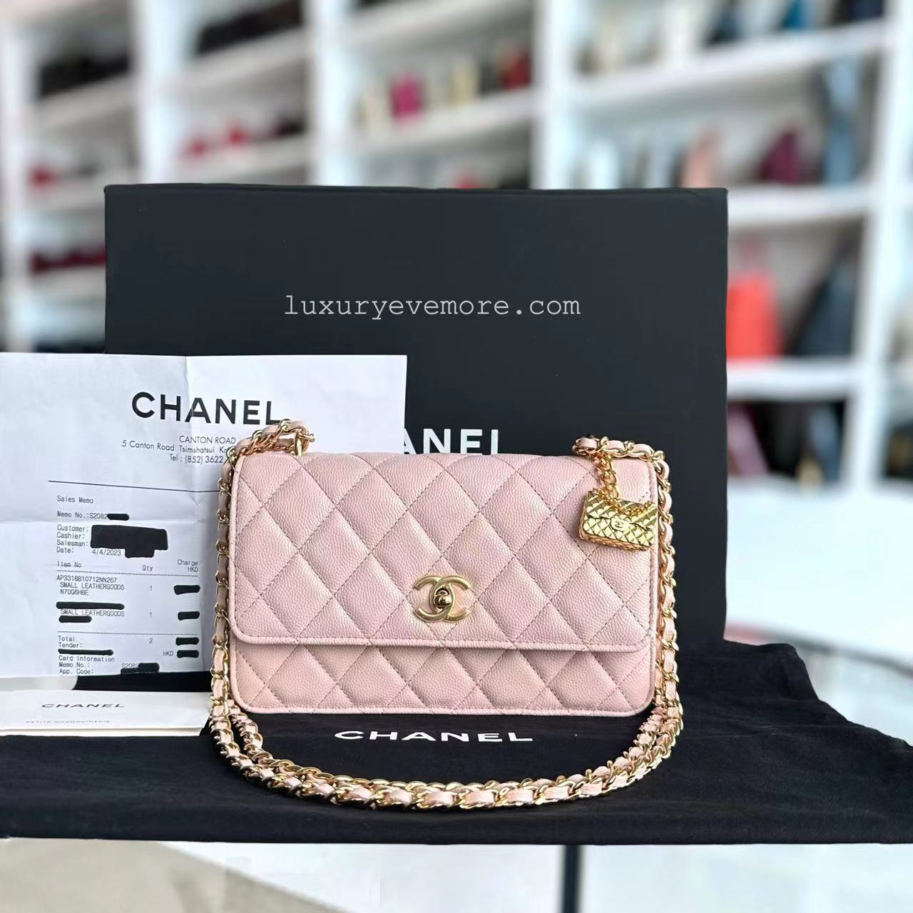 *Microchip* Chanel Caviar 23S Classic Flap Wallet On Chain WOC Quilted Grained Calfskin Sakura Pink Golden Hardware - Luxury Evermore