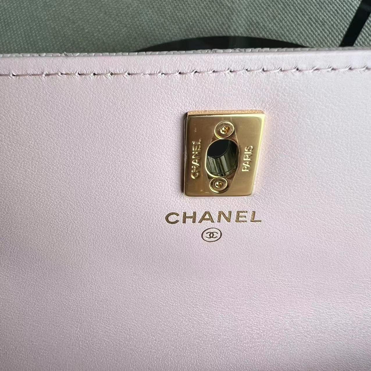 *Microchip* Chanel Caviar 23S Classic Flap Wallet On Chain WOC Quilted Grained Calfskin Sakura Pink Golden Hardware - Luxury Evermore