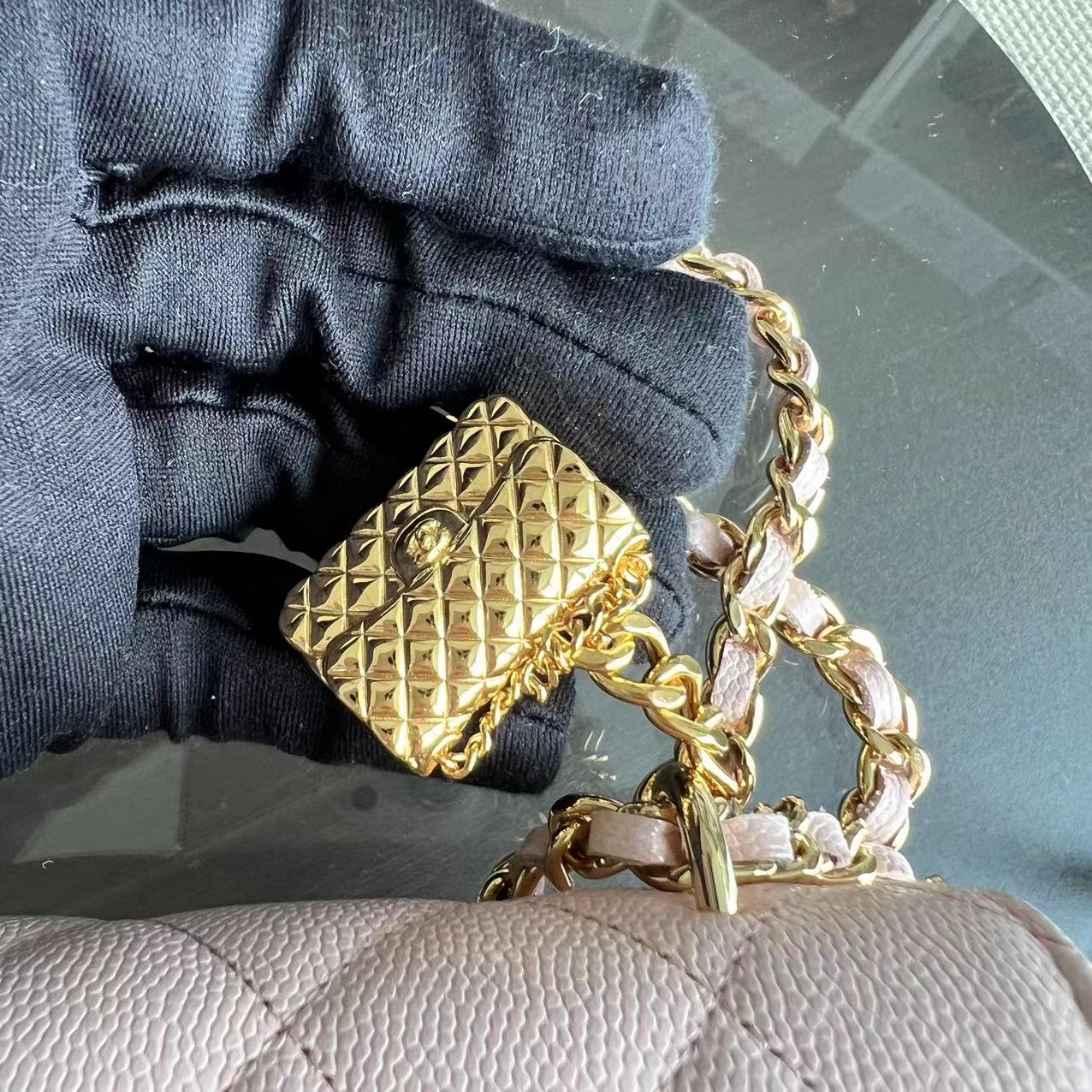 *Microchip* Chanel Caviar 23S Classic Flap Wallet On Chain WOC Quilted Grained Calfskin Sakura Pink Golden Hardware - Luxury Evermore