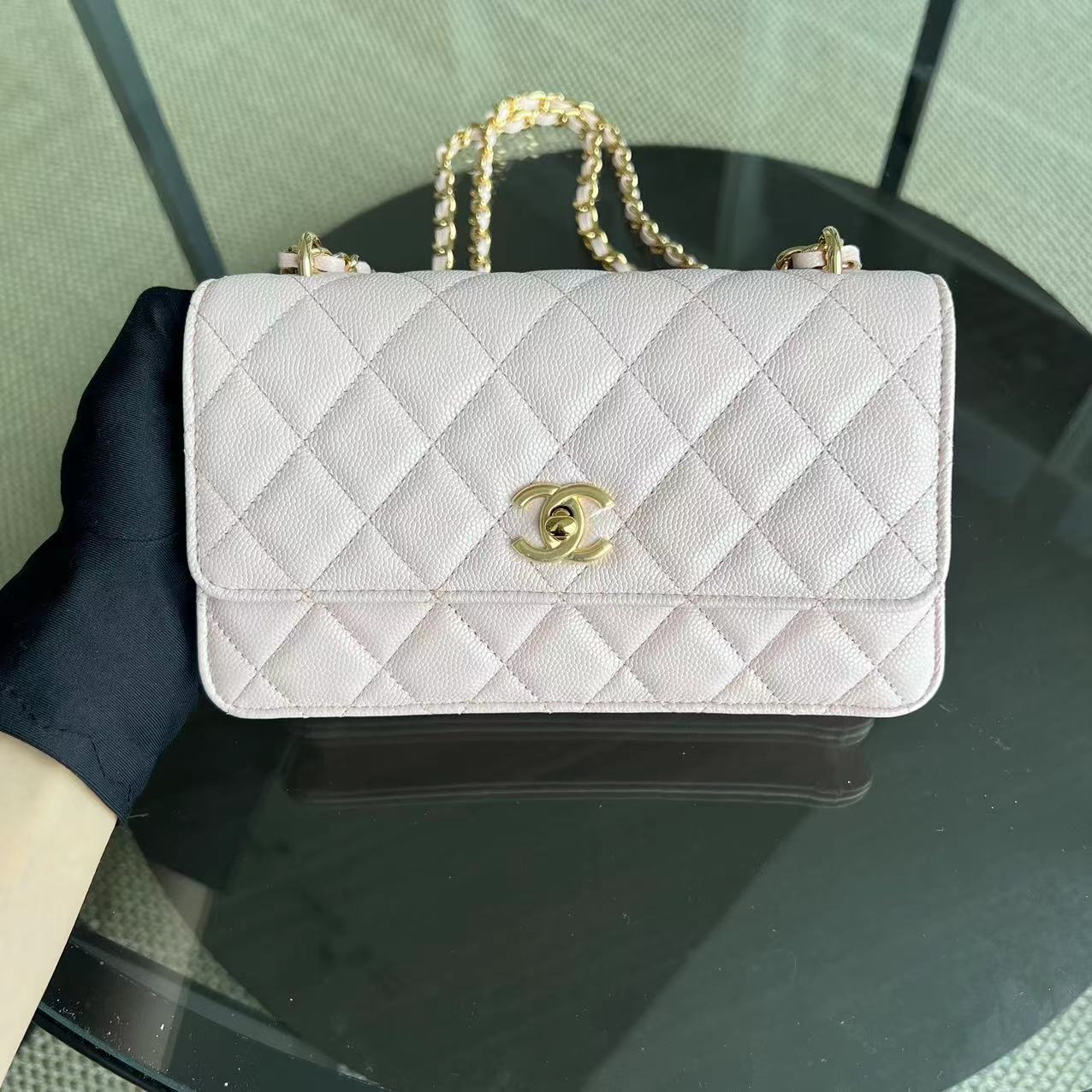 *Microchip* Chanel Caviar 23S Classic Flap Wallet On Chain WOC Quilted Grained Calfskin Sakura Pink Golden Hardware - Luxury Evermore