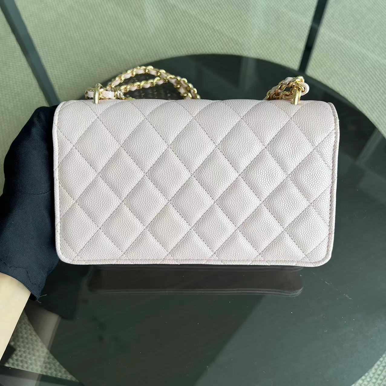 *Microchip* Chanel Caviar 23S Classic Flap Wallet On Chain WOC Quilted Grained Calfskin Sakura Pink Golden Hardware - Luxury Evermore