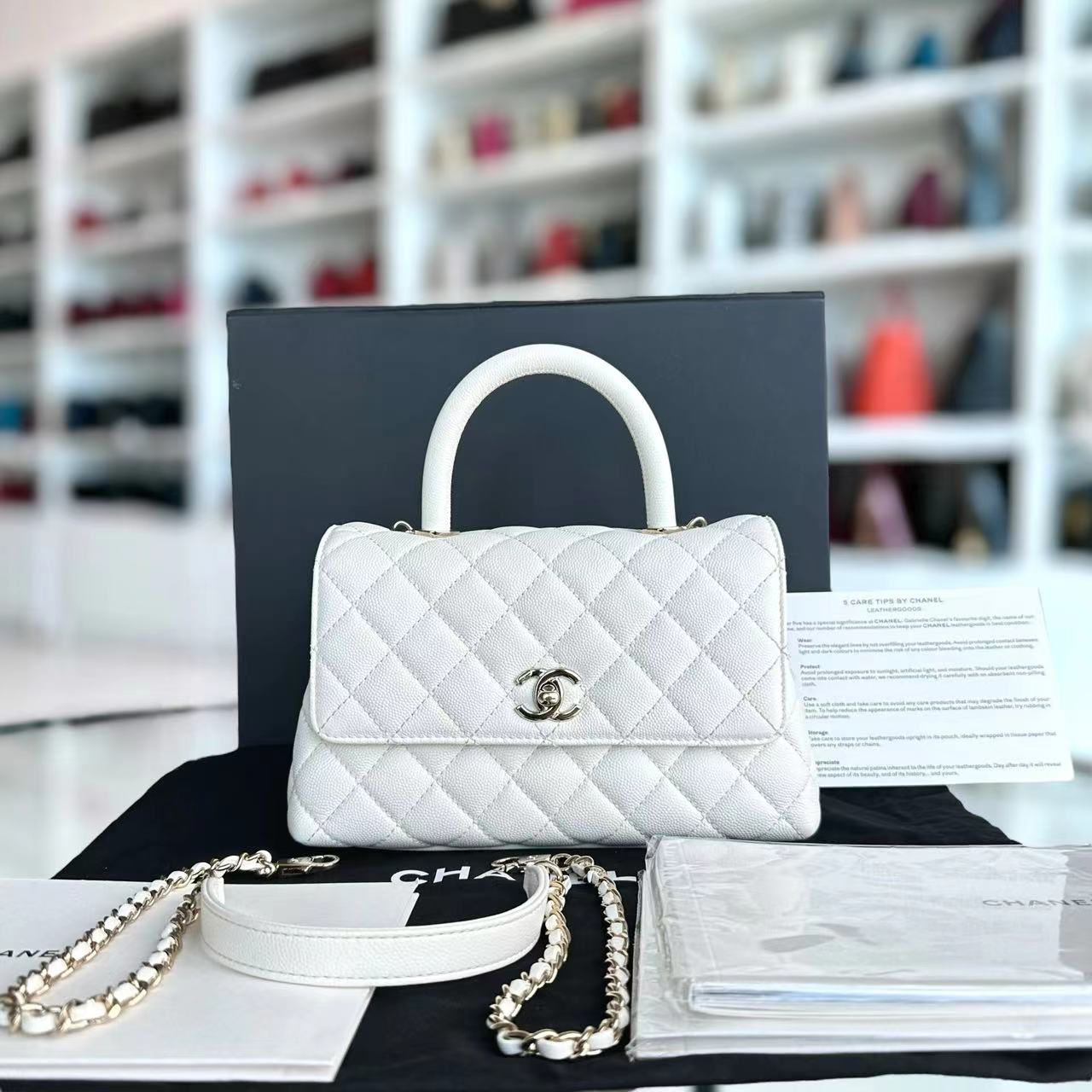 *Microchip* Chanel Caviar Coco Handle Small Quilted Calfskin Microchip White GHW - Luxury Evermore