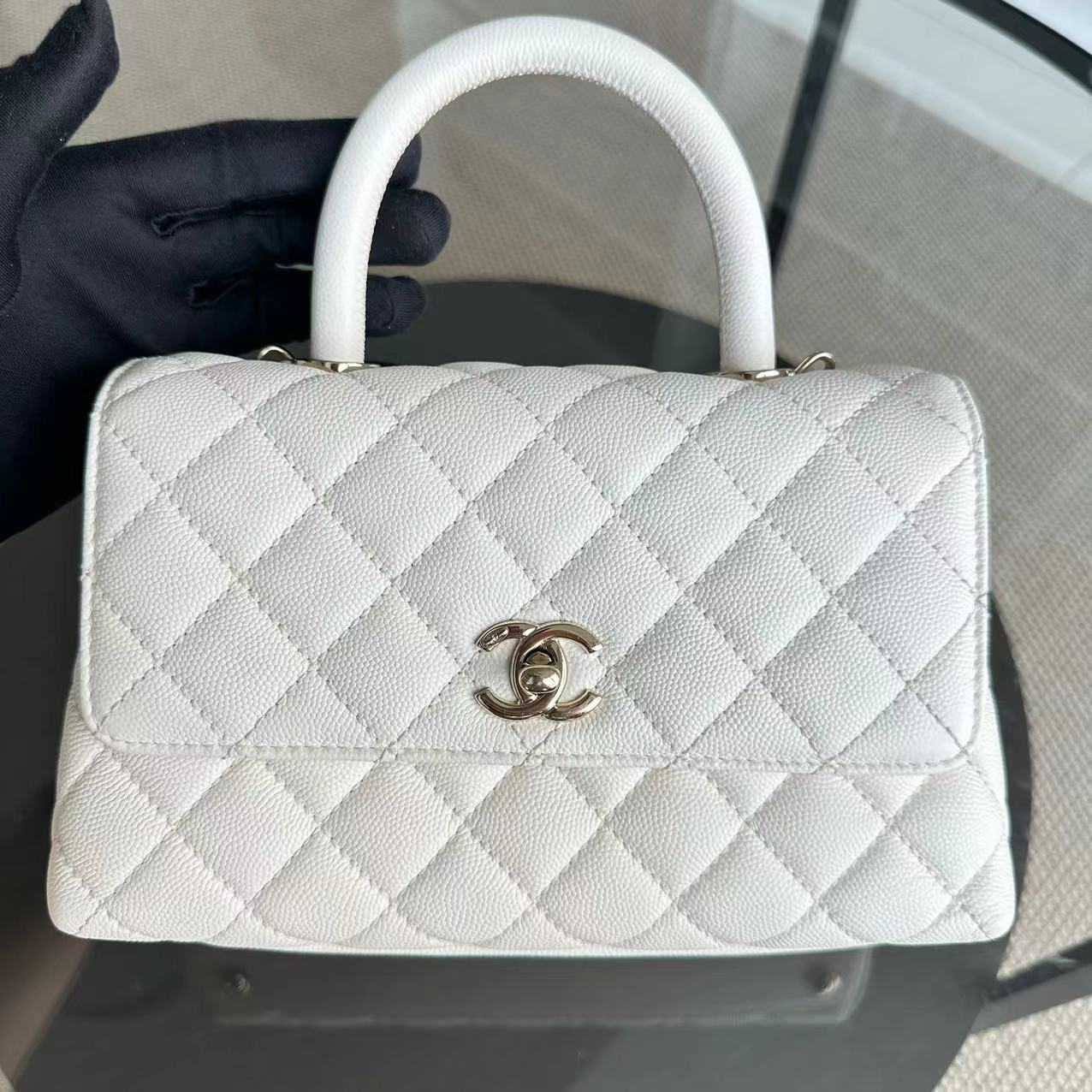 *Microchip* Chanel Caviar Coco Handle Small Quilted Calfskin Microchip White GHW - Luxury Evermore