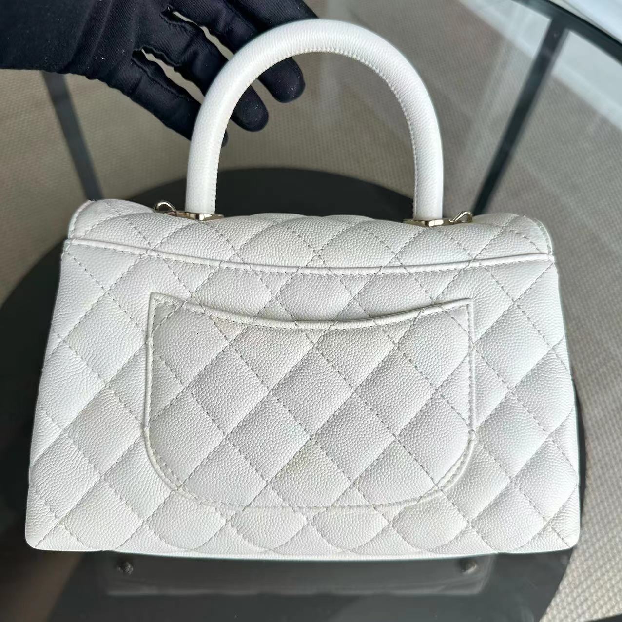 *Microchip* Chanel Caviar Coco Handle Small Quilted Calfskin Microchip White GHW - Luxury Evermore