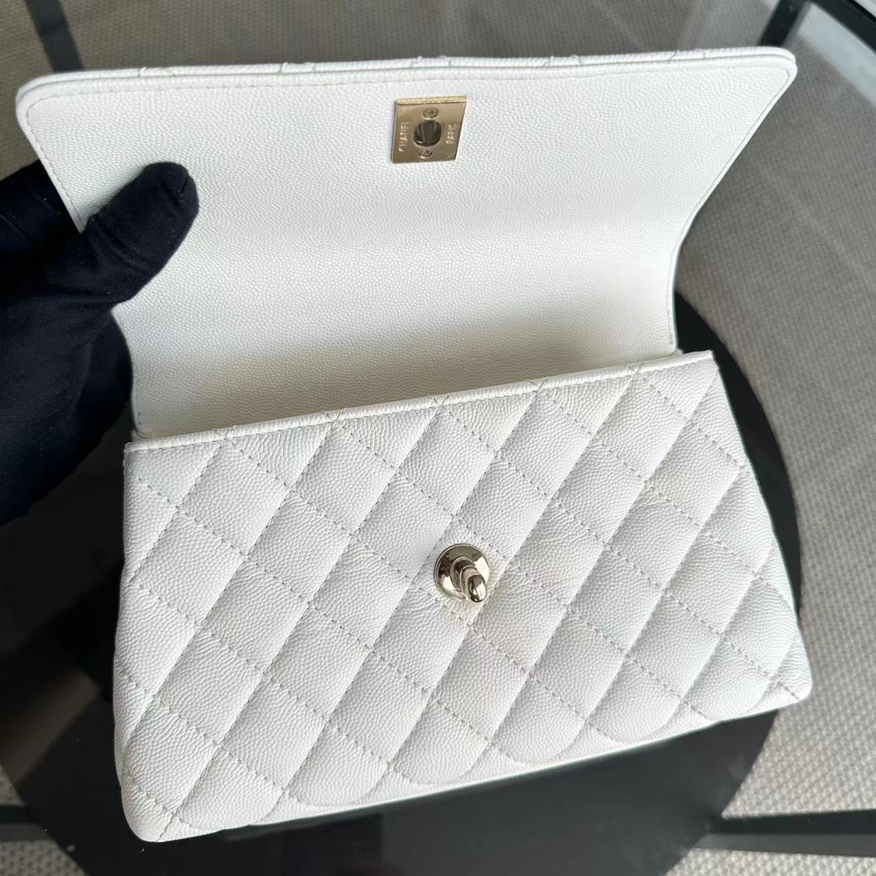 *Microchip* Chanel Caviar Coco Handle Small Quilted Calfskin Microchip White GHW - Luxury Evermore