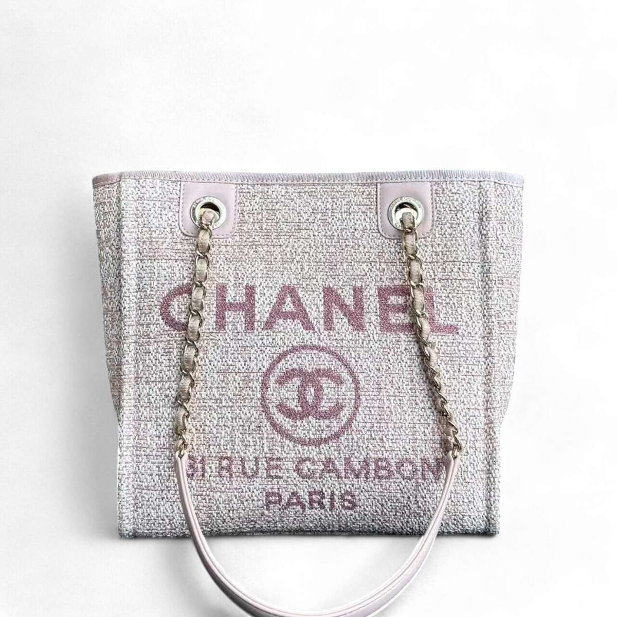 Chanel Deauville Tote Mini - Pink Fabric with Gold Lettering