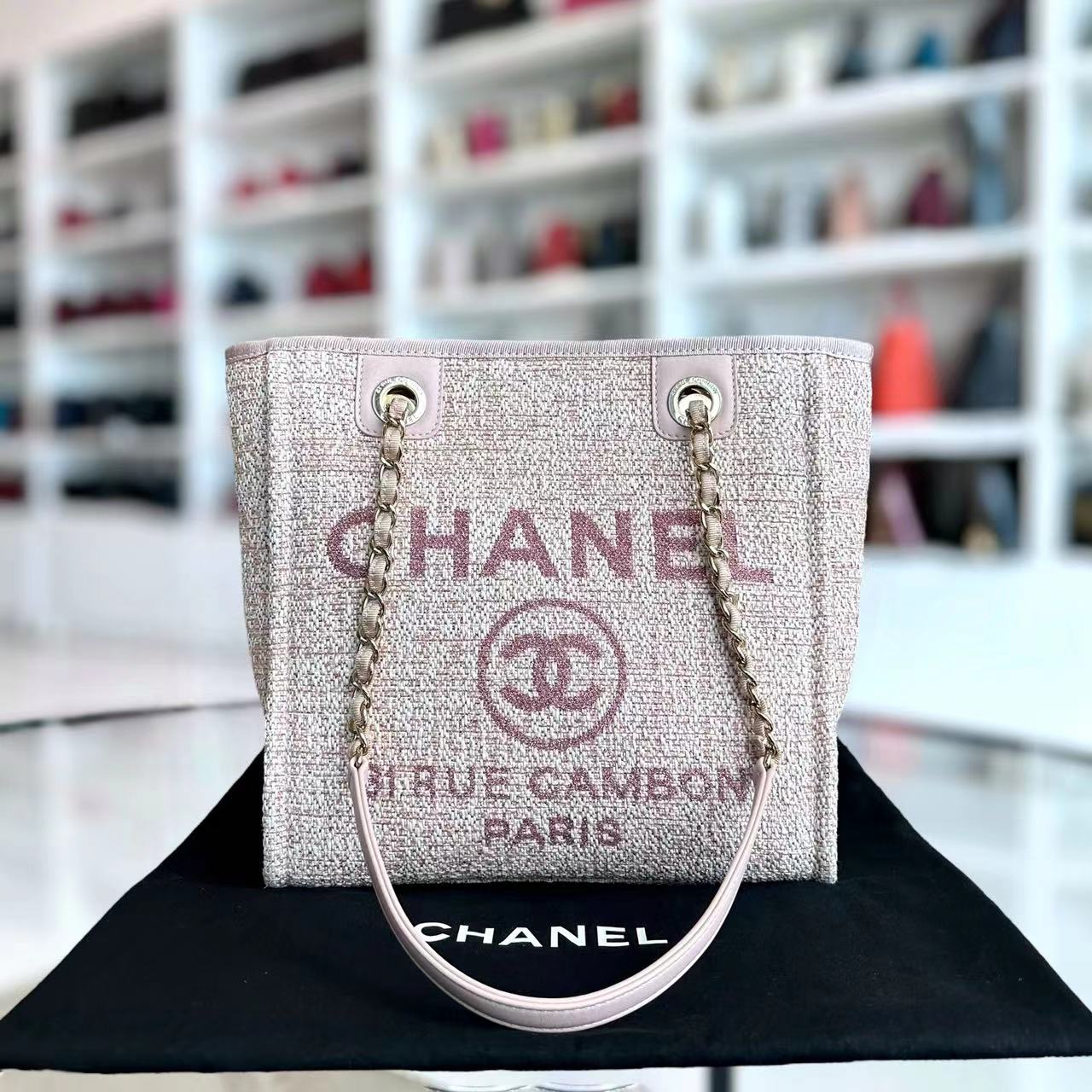 *Microchip* Chanel Deauville Mini Tote Pink Fabric Gold Lettering Light Golden Hardware - Luxury Evermore