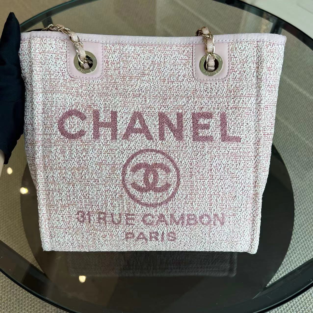 *Microchip* Chanel Deauville Mini Tote Pink Fabric Gold Lettering Light Golden Hardware - Luxury Evermore