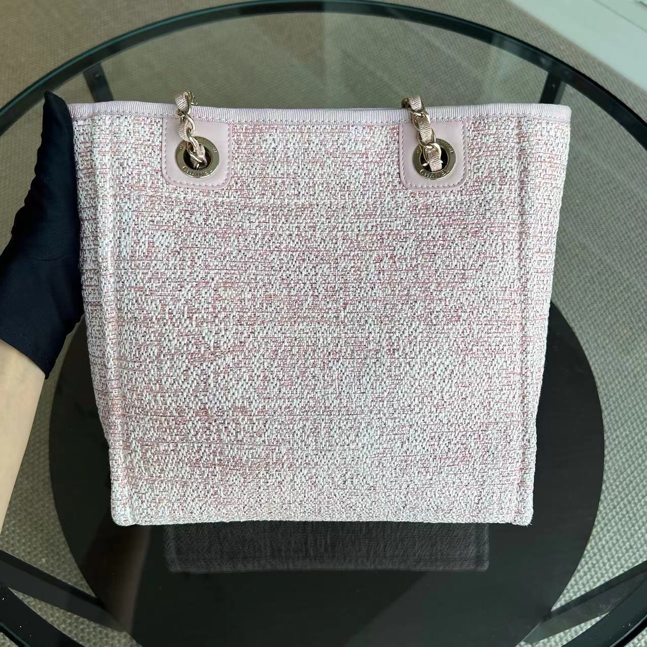 *Microchip* Chanel Deauville Mini Tote Pink Fabric Gold Lettering Light Golden Hardware - Luxury Evermore