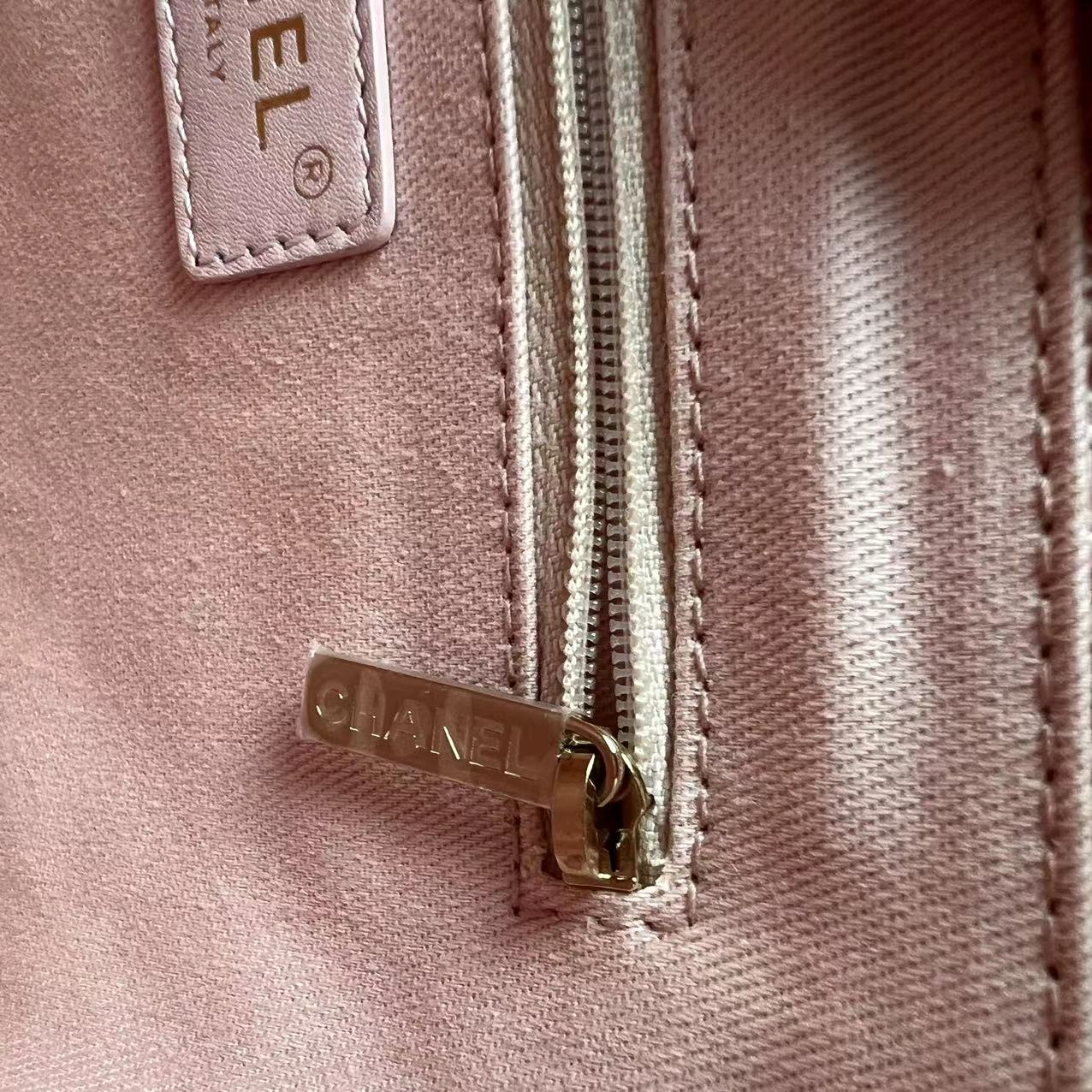 *Microchip* Chanel Deauville Mini Tote Pink Fabric Gold Lettering Light Golden Hardware - Luxury Evermore