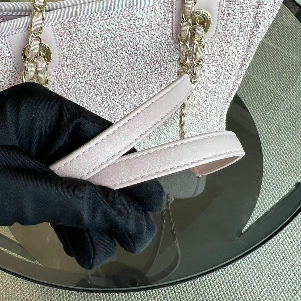 *Microchip* Chanel Deauville Mini Tote Pink Fabric Gold Lettering Light Golden Hardware - Luxury Evermore