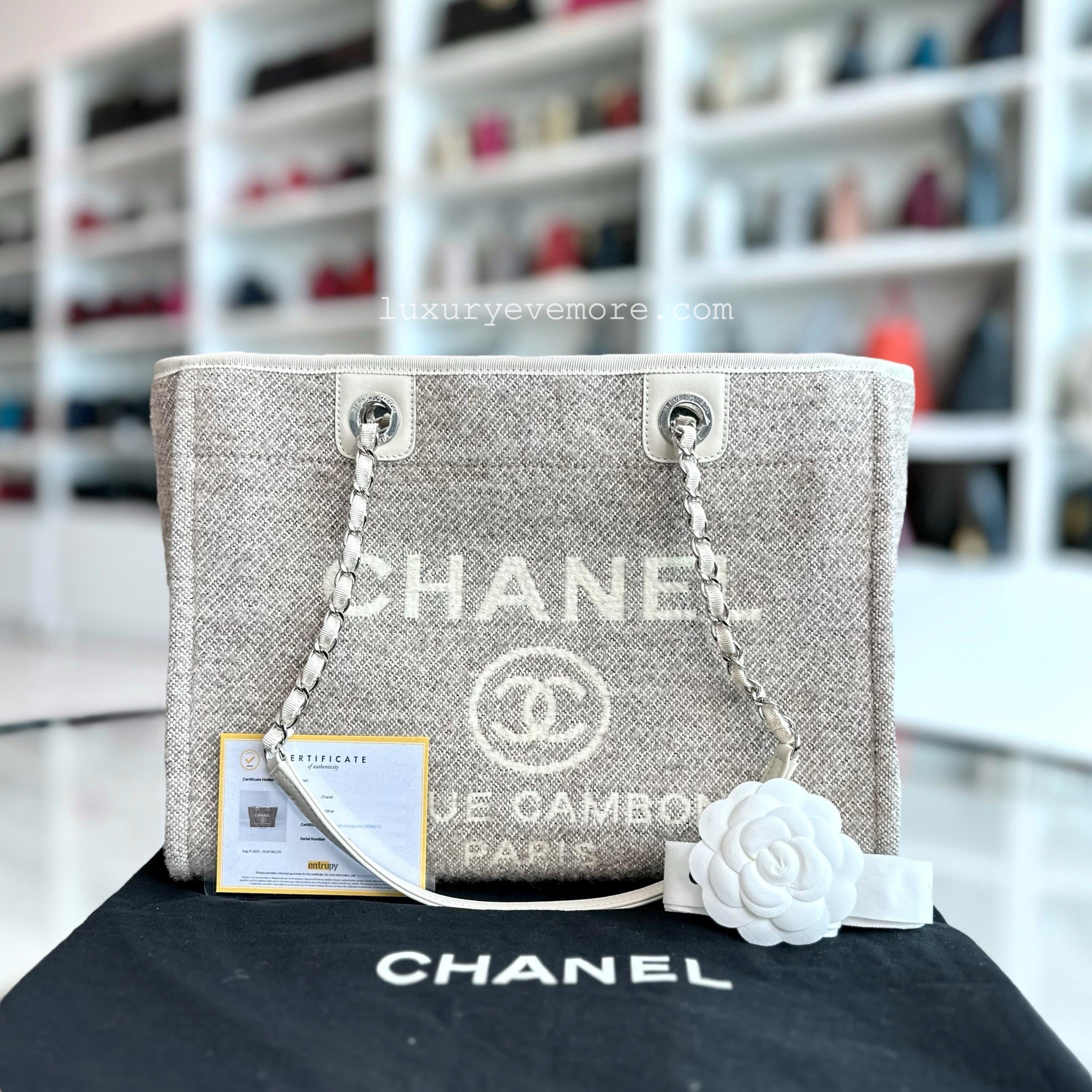 *Microchip* Chanel Deauville Tote Medium Tweed Grey White SHW Microchip - Luxury Evermore