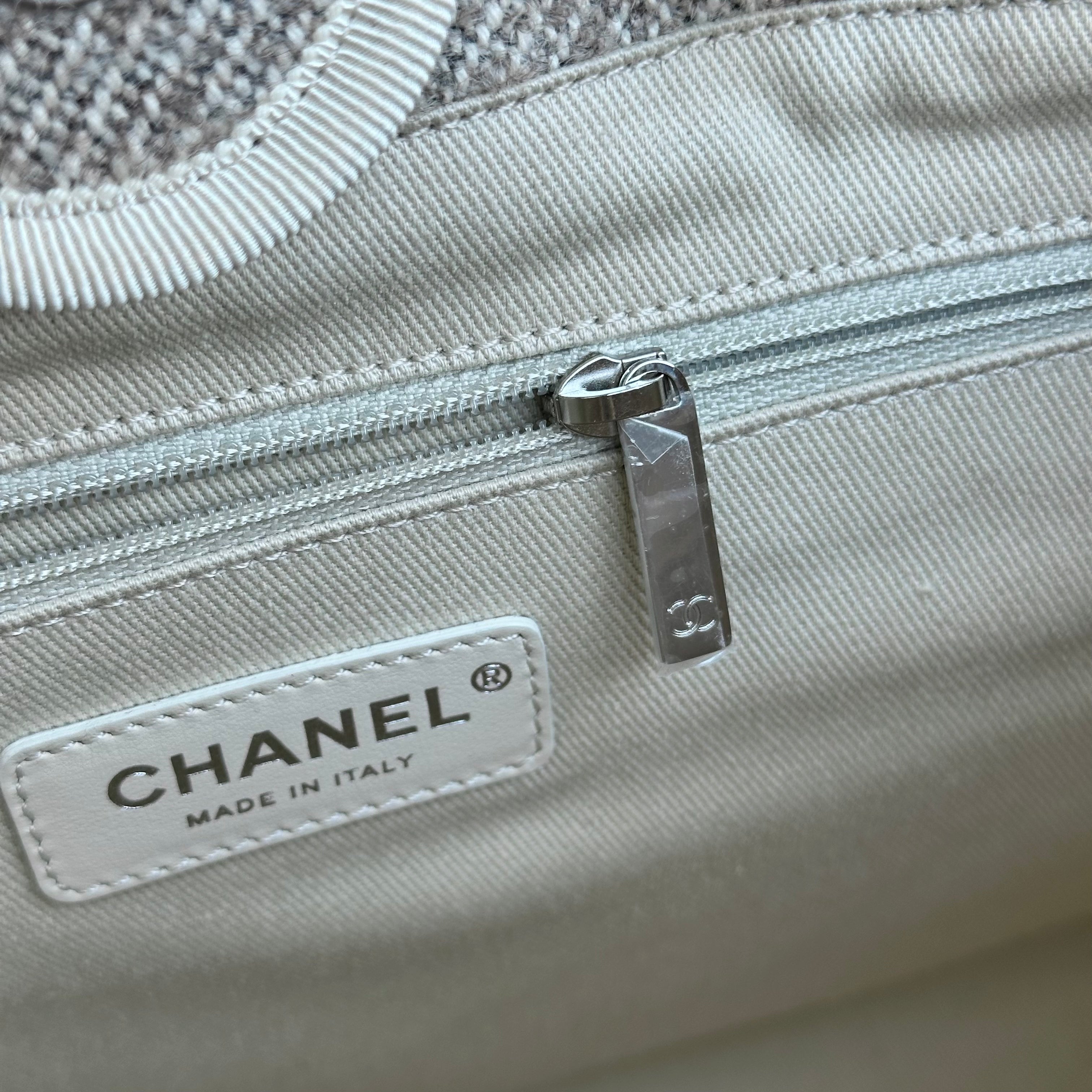 *Microchip* Chanel Deauville Tote Medium Tweed Grey White SHW Microchip - Luxury Evermore