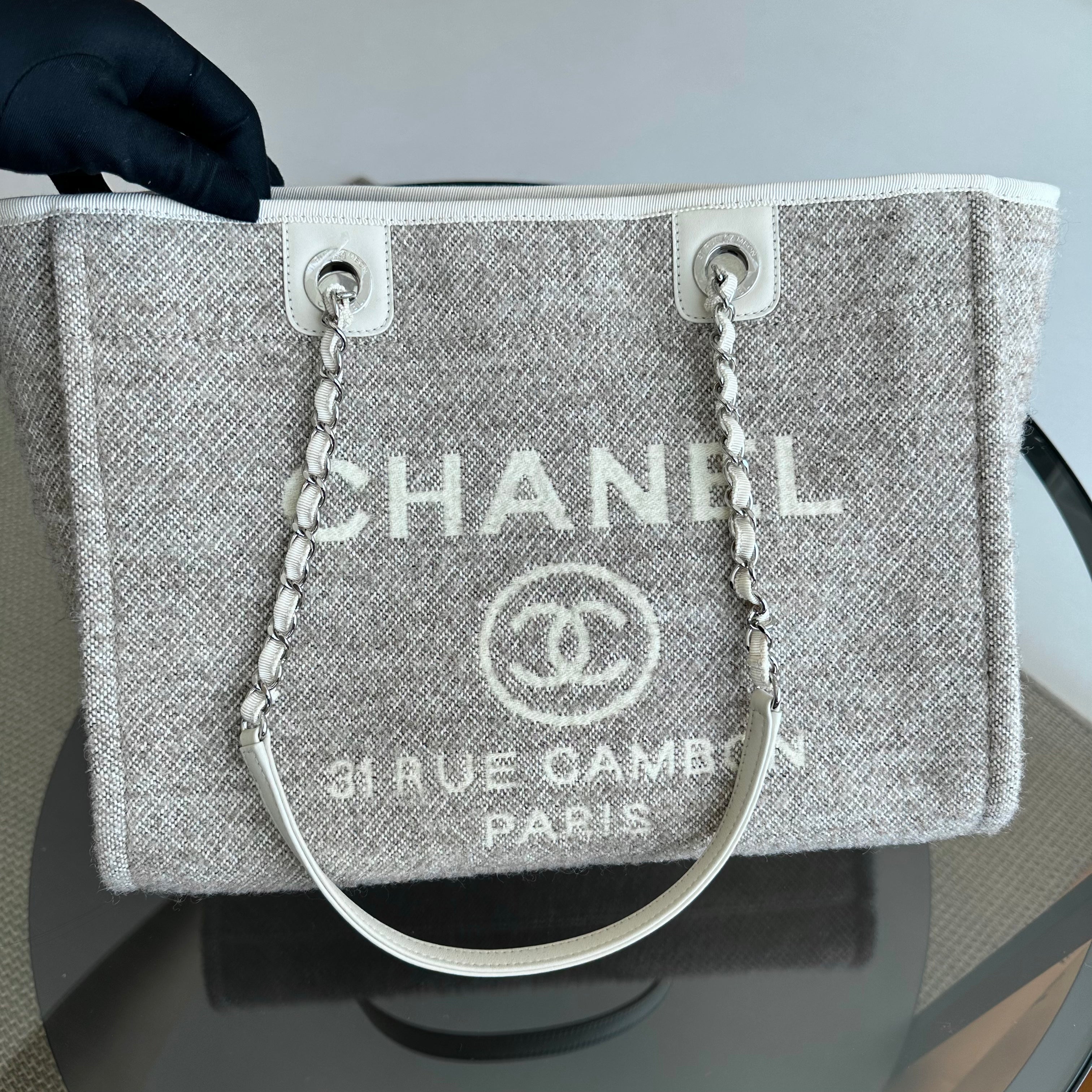 *Microchip* Chanel Deauville Tote Medium Tweed Grey White SHW Microchip - Luxury Evermore