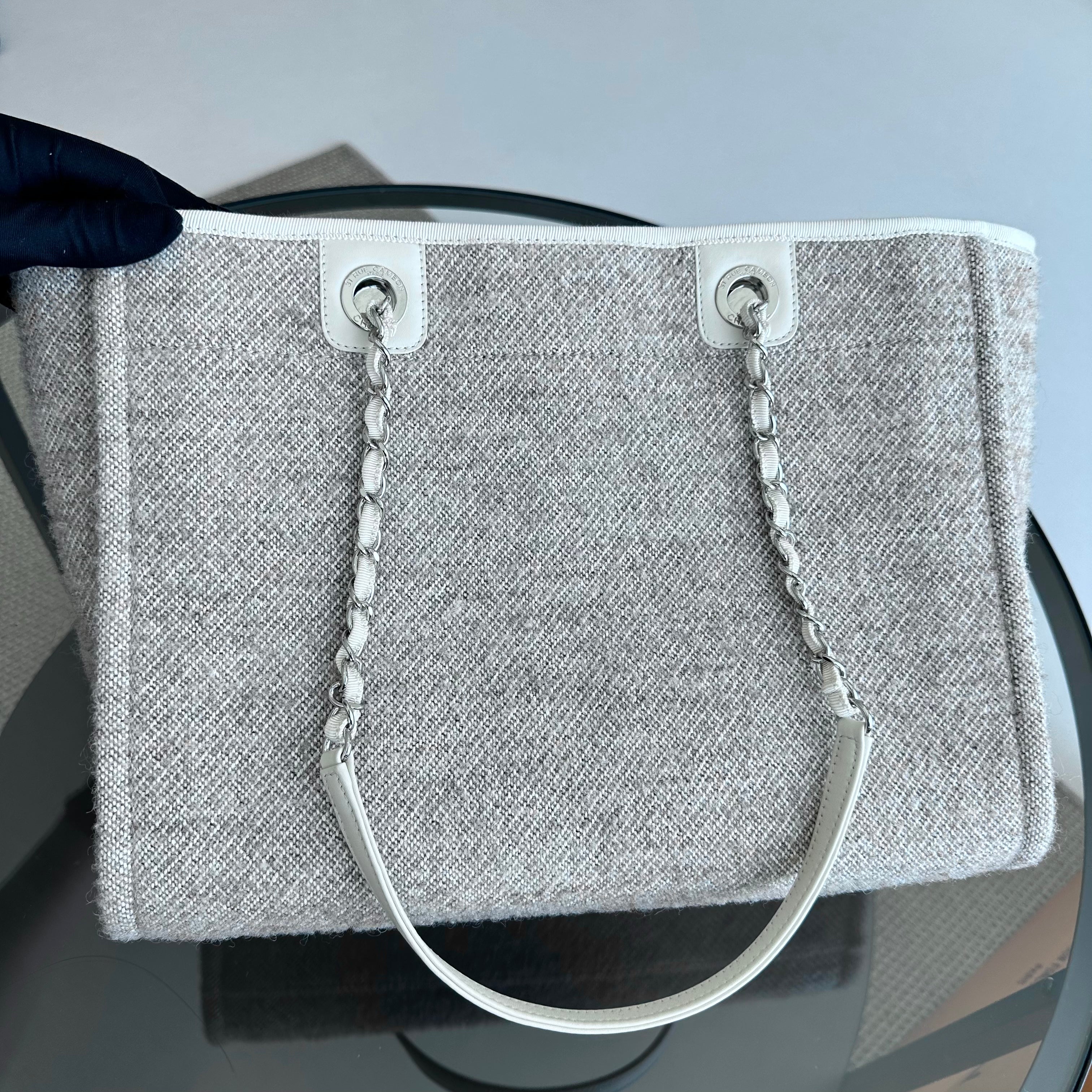 *Microchip* Chanel Deauville Tote Medium Tweed Grey White SHW Microchip - Luxury Evermore