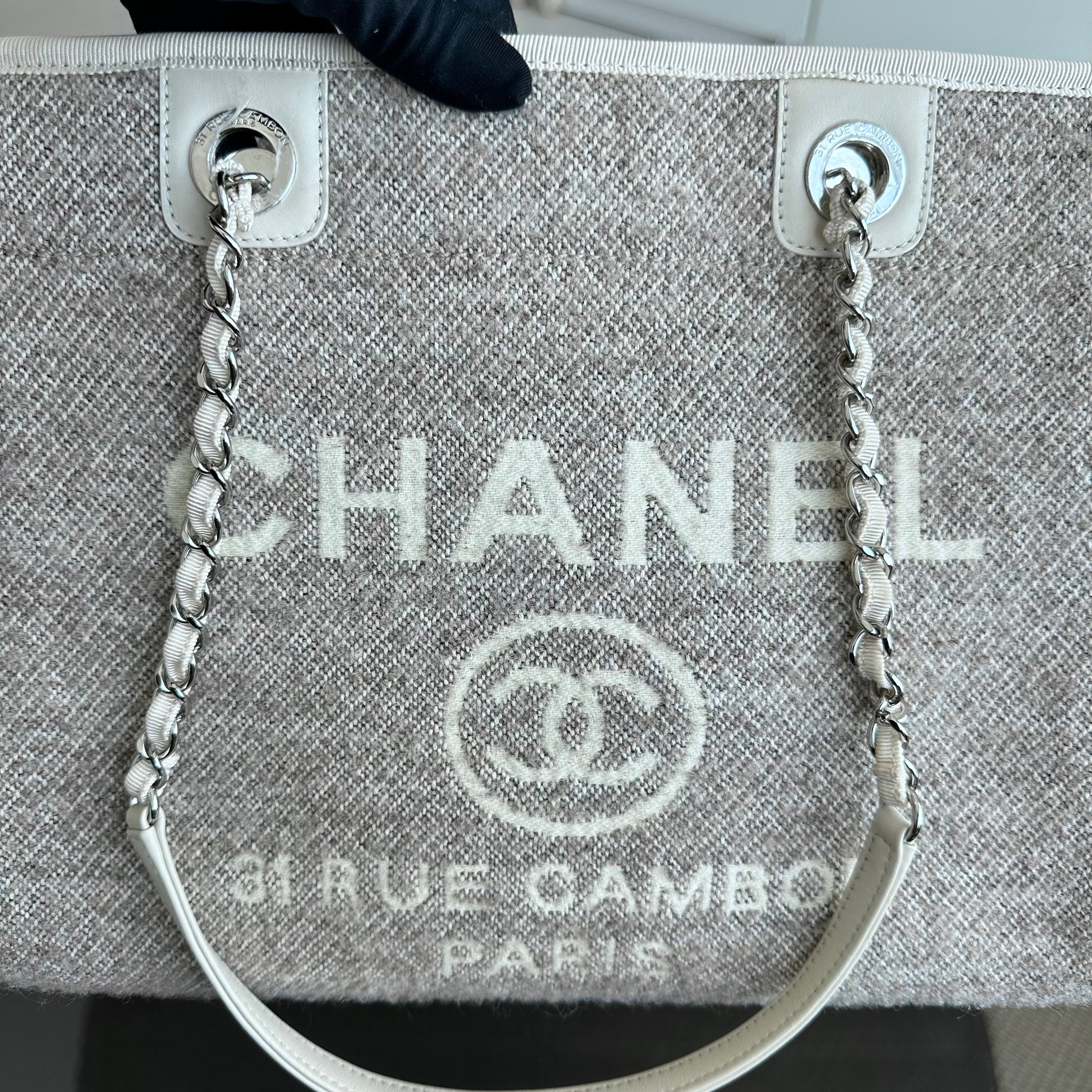 *Microchip* Chanel Deauville Tote Medium Tweed Grey White SHW Microchip - Luxury Evermore