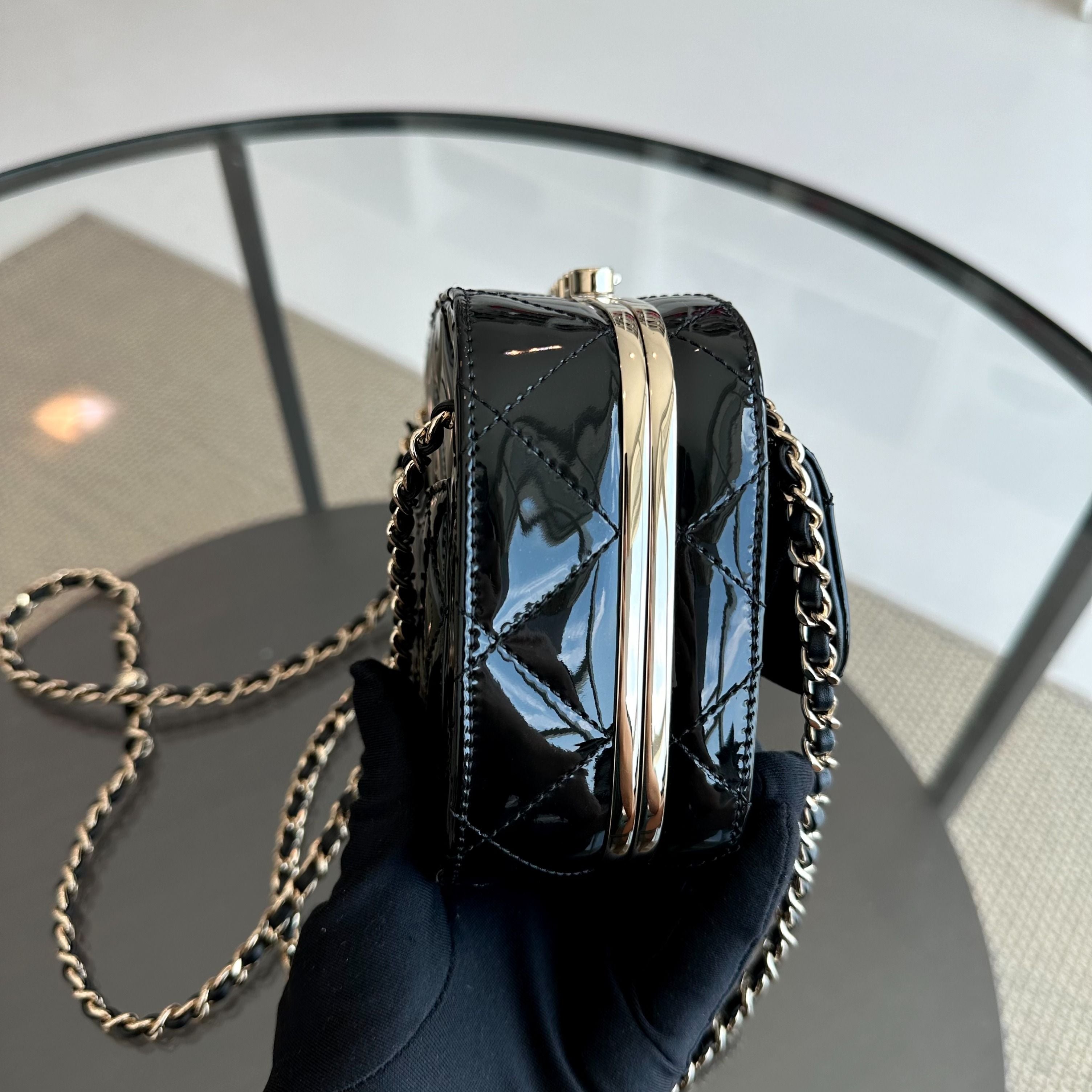 *Microchip, Full Set* Chanel 2022/23 Fall Winter Collection Mini Camera Quilted Patent Leather Black GHW - Luxury Evermore