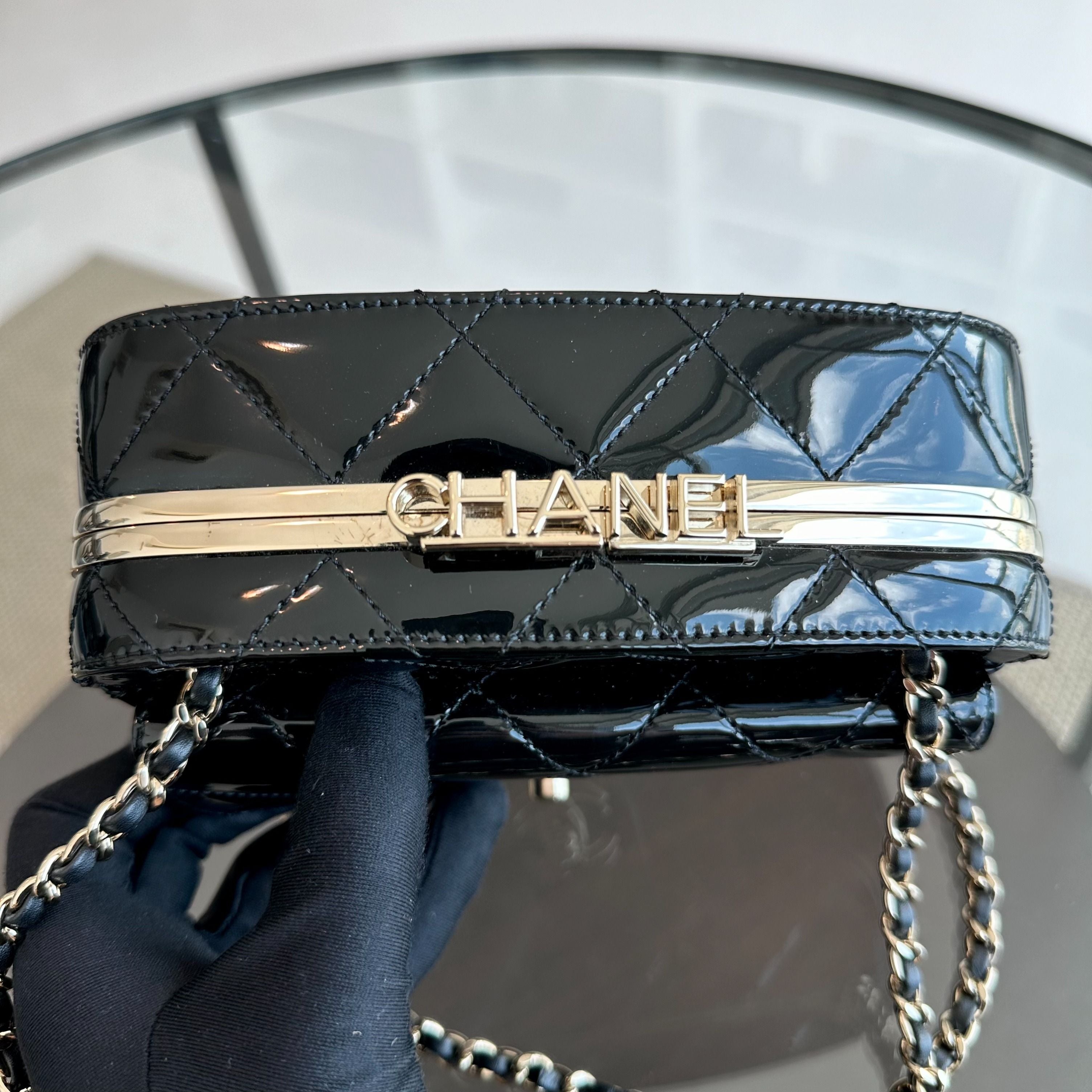 *Microchip, Full Set* Chanel 2022/23 Fall Winter Collection Mini Camera Quilted Patent Leather Black GHW - Luxury Evermore