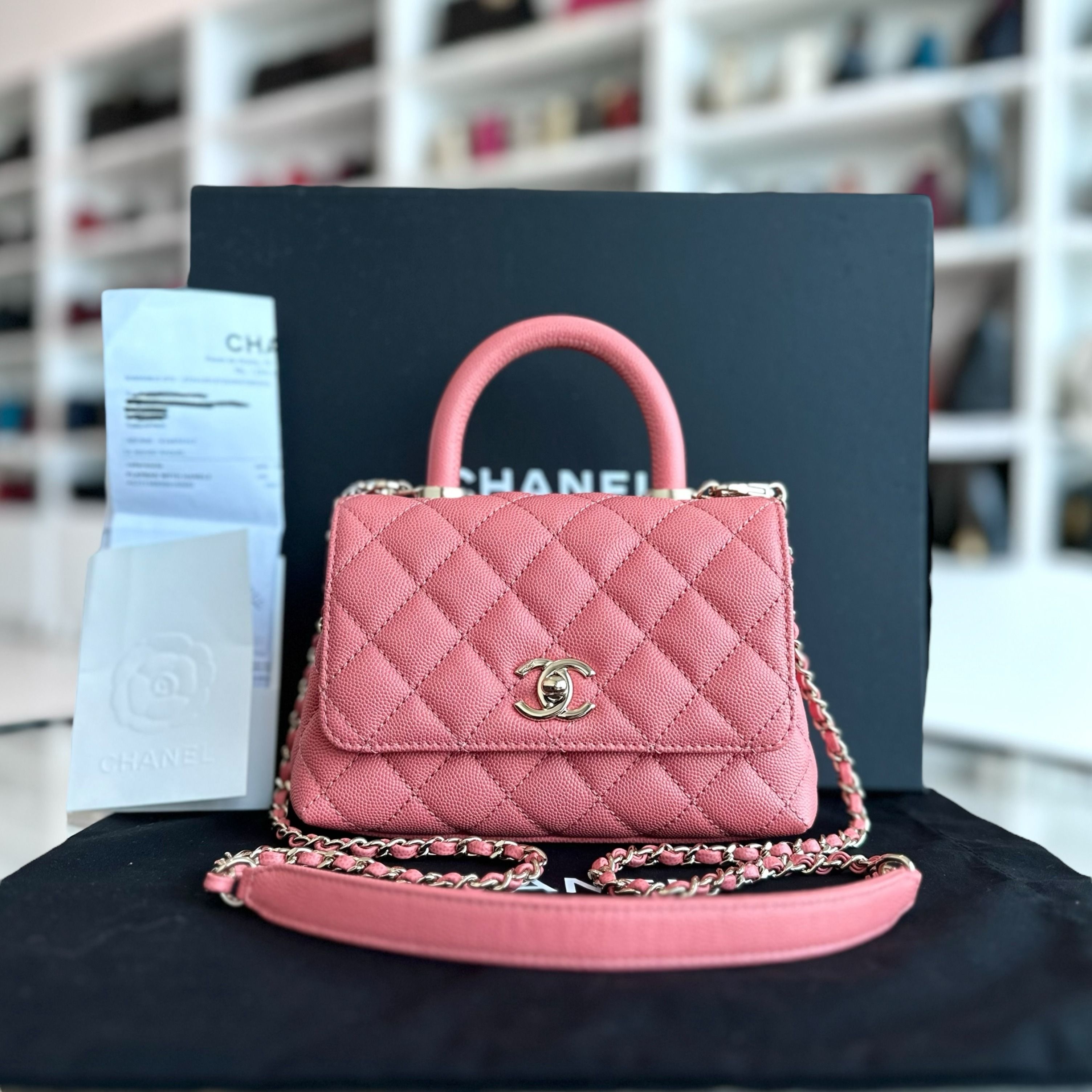 *Microchip, Full Set, Receipt* Chanel Mini Caviar Coco Handle Quilted Light Pink GHW - Luxury Evermore