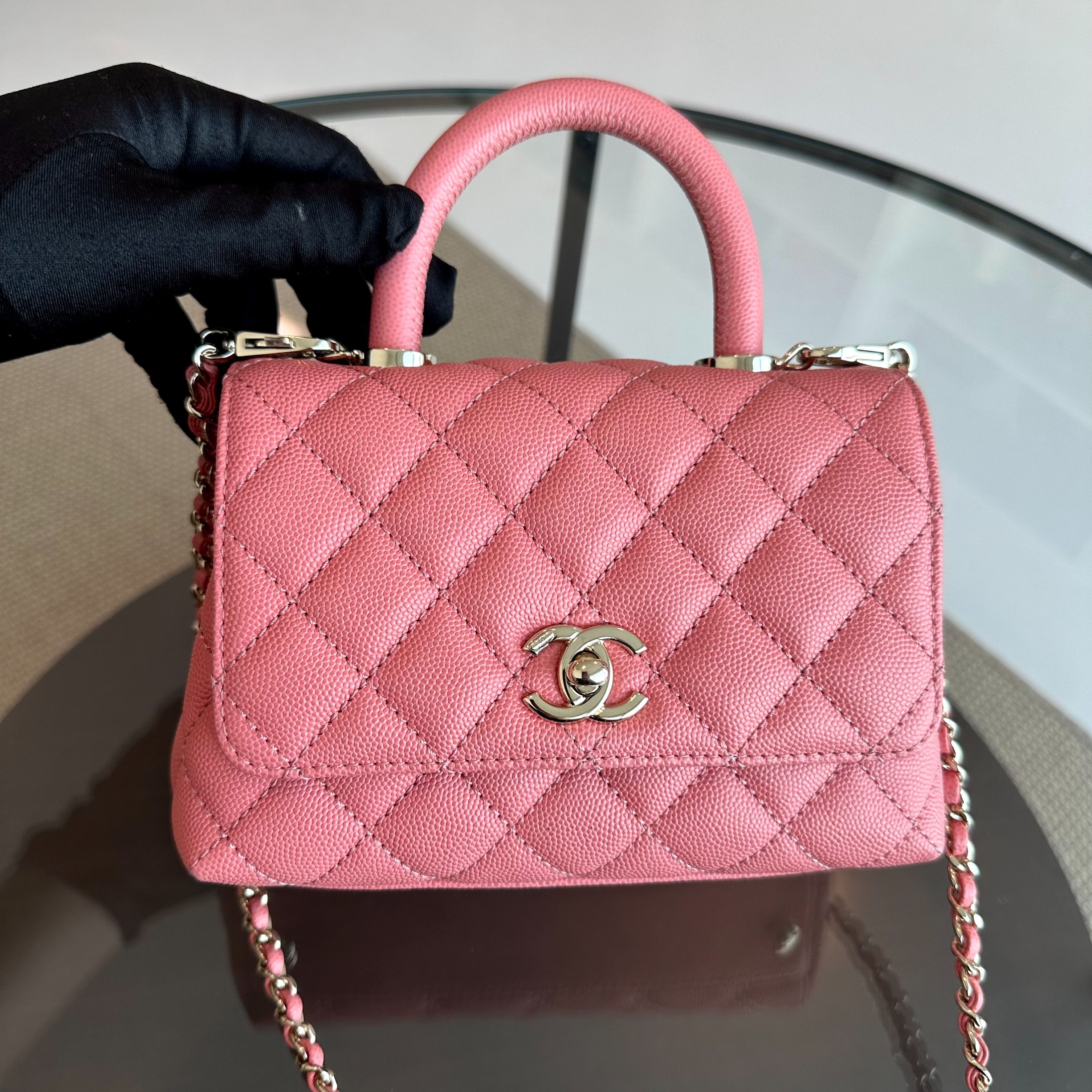 *Microchip, Full Set, Receipt* Chanel Mini Caviar Coco Handle Quilted Light Pink GHW - Luxury Evermore