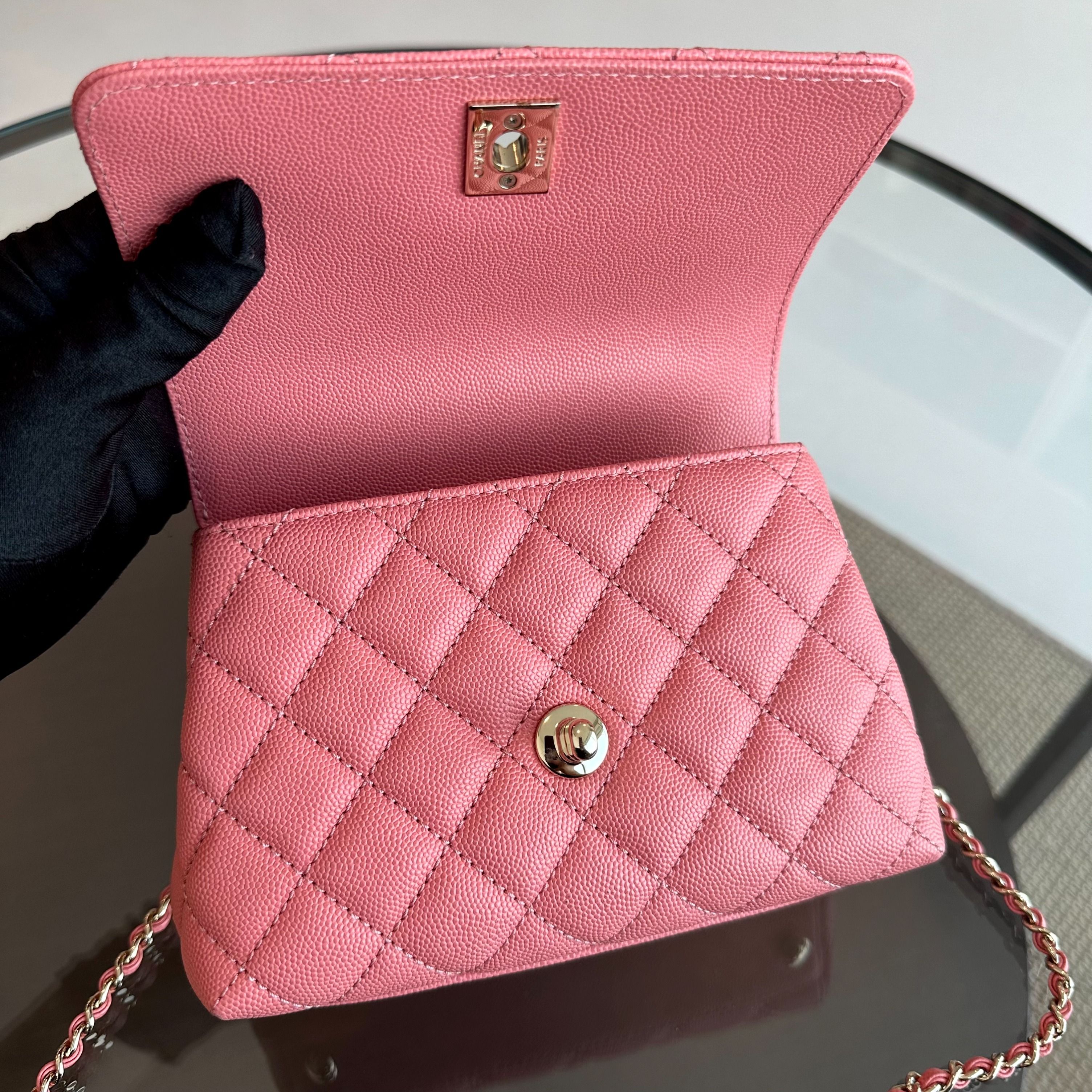 *Microchip, Full Set, Receipt* Chanel Mini Caviar Coco Handle Quilted Light Pink GHW - Luxury Evermore