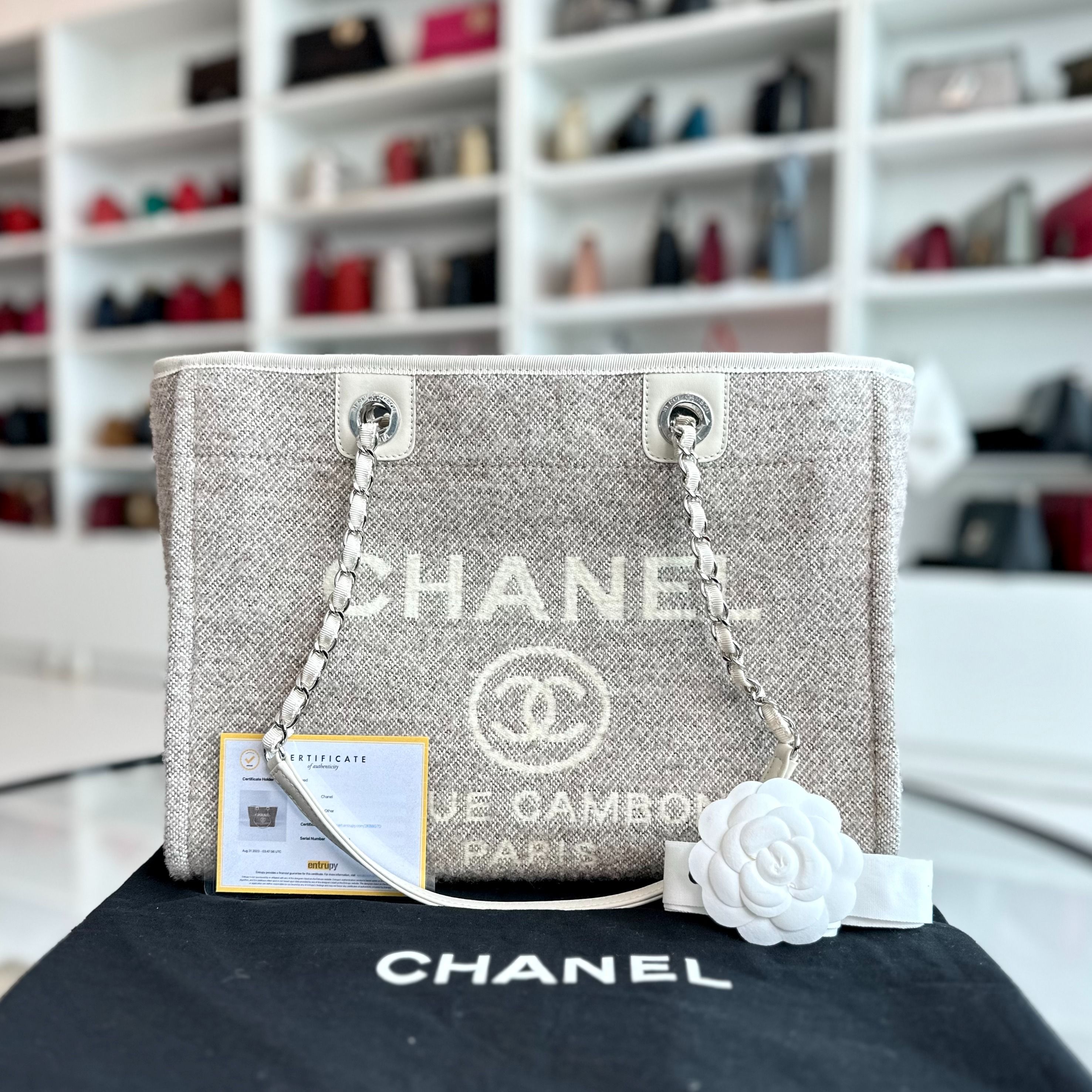 *Microchip, Like New* Chanel Deauville Tote Medium Grey White SHW Microchip - Luxury Evermore