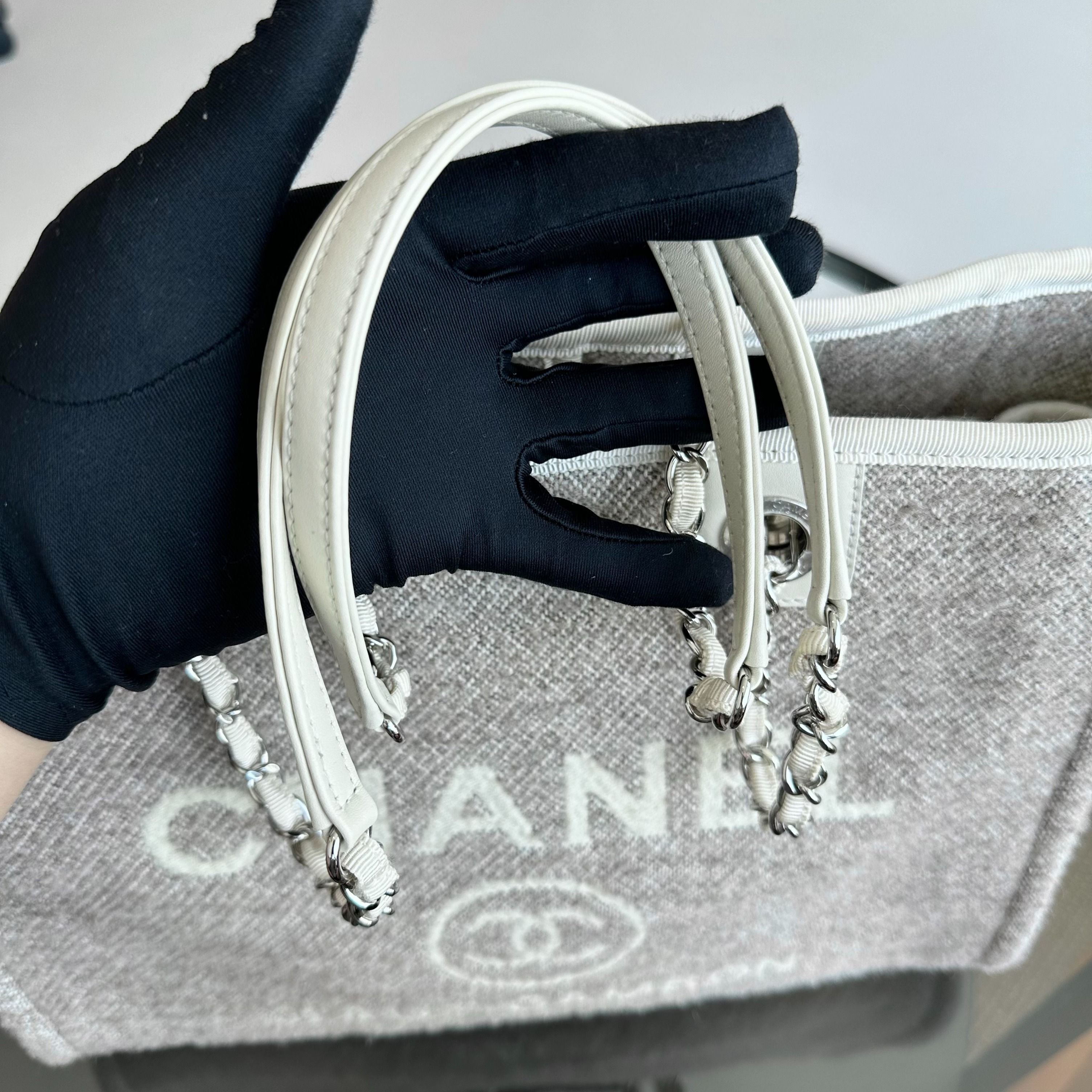 *Microchip, Like New* Chanel Deauville Tote Medium Grey White SHW Microchip - Luxury Evermore