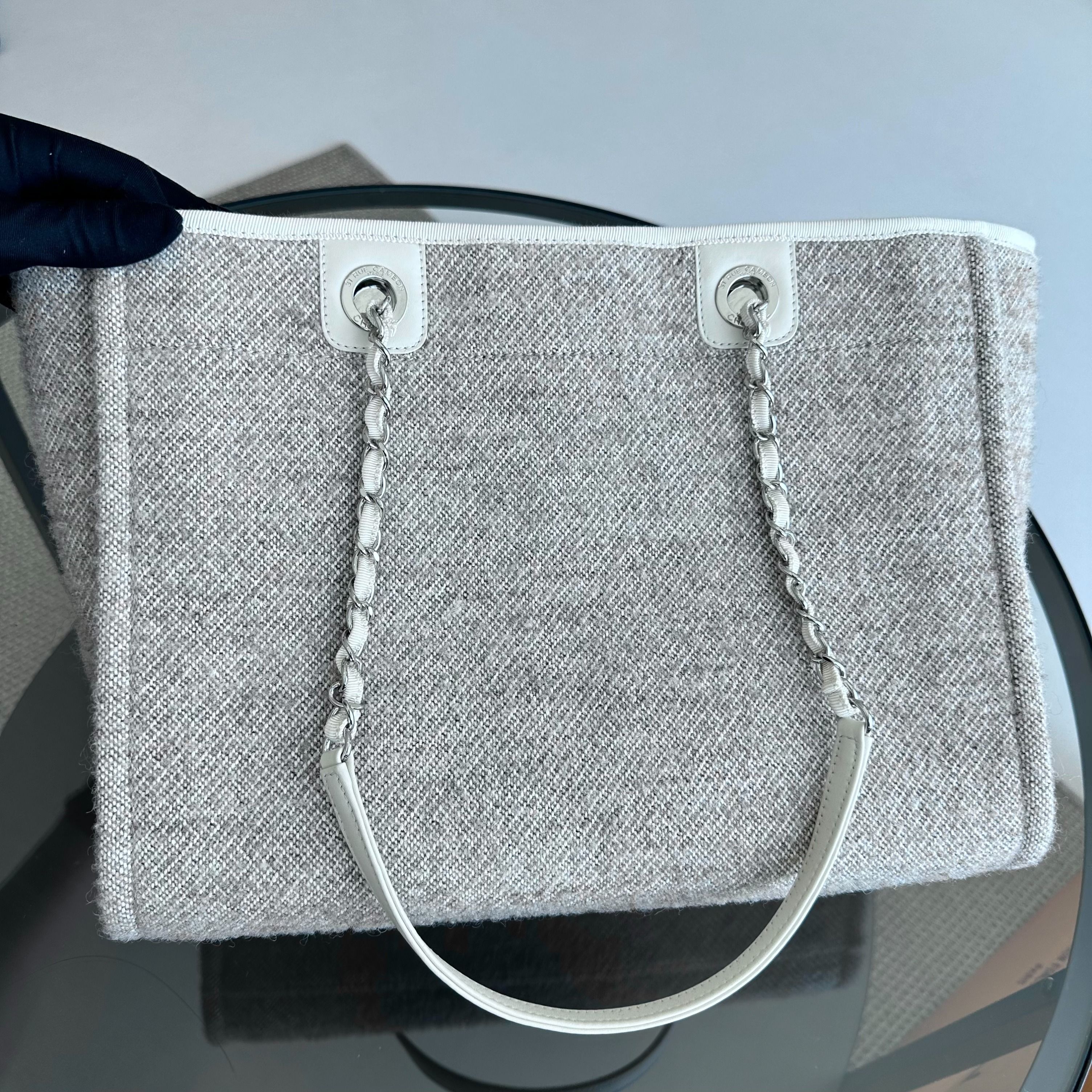 *Microchip, Like New* Chanel Deauville Tote Medium Grey White SHW Microchip - Luxury Evermore