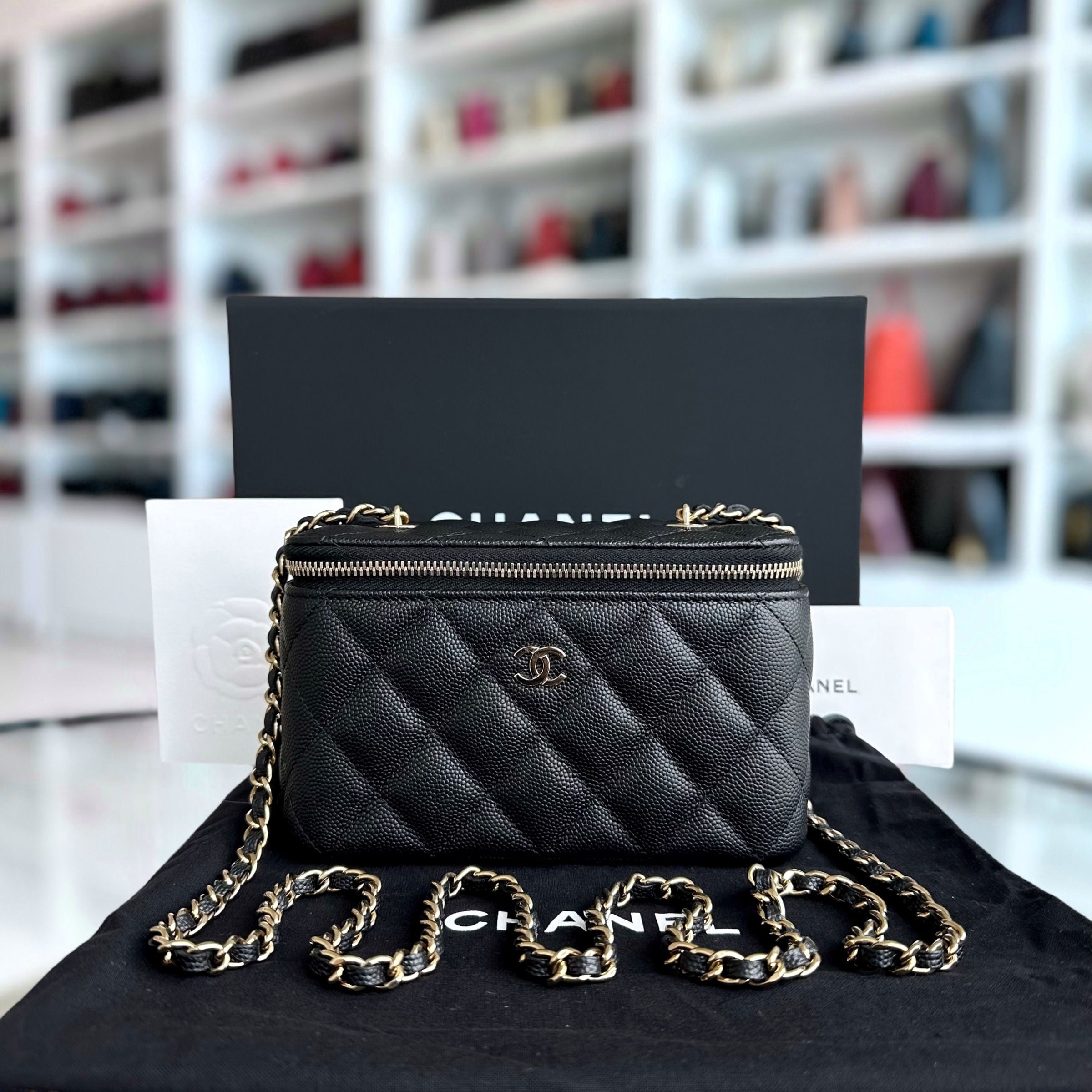 *Microchip, Like New* Chanel Long Vanity Classic Quilted Caviar Small Black LGHW - Luxury Evermore