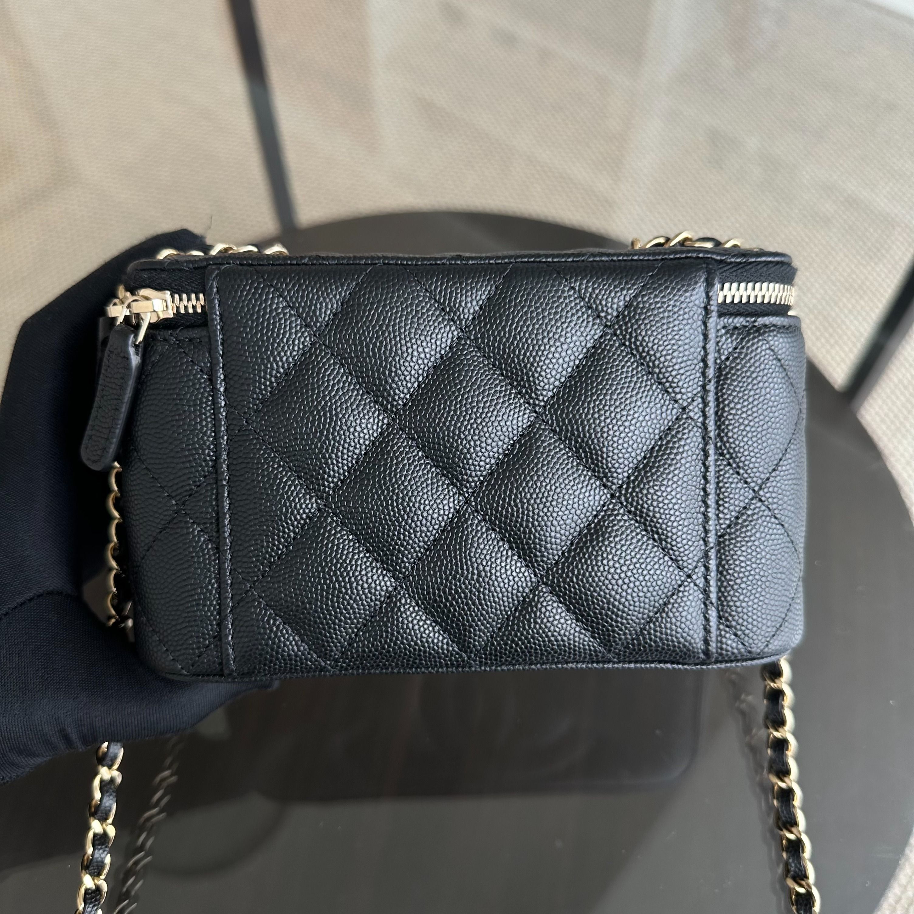 *Microchip, Like New* Chanel Long Vanity Classic Quilted Caviar Small Black LGHW - Luxury Evermore