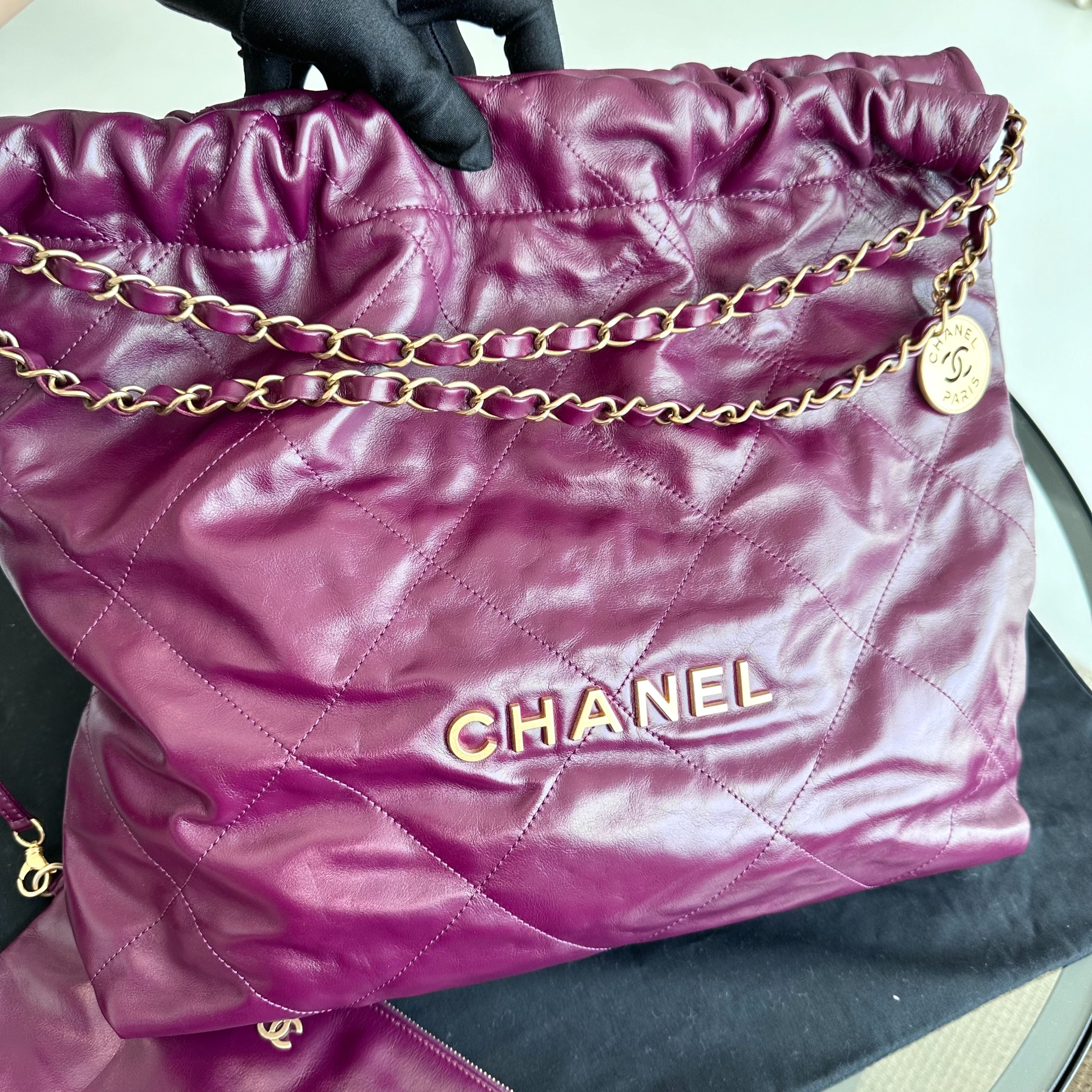 *Microchip, Receipt Full Set* Chanel 22 Lambskin Medium Violet With Pouch 22Bag RFID Microchip - Luxury Evermore