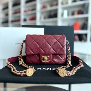 *Microchip* Chanel Caviar 2022 Mini Rectangular Quilted Twist Your Buttons Flap Burgundy GHW