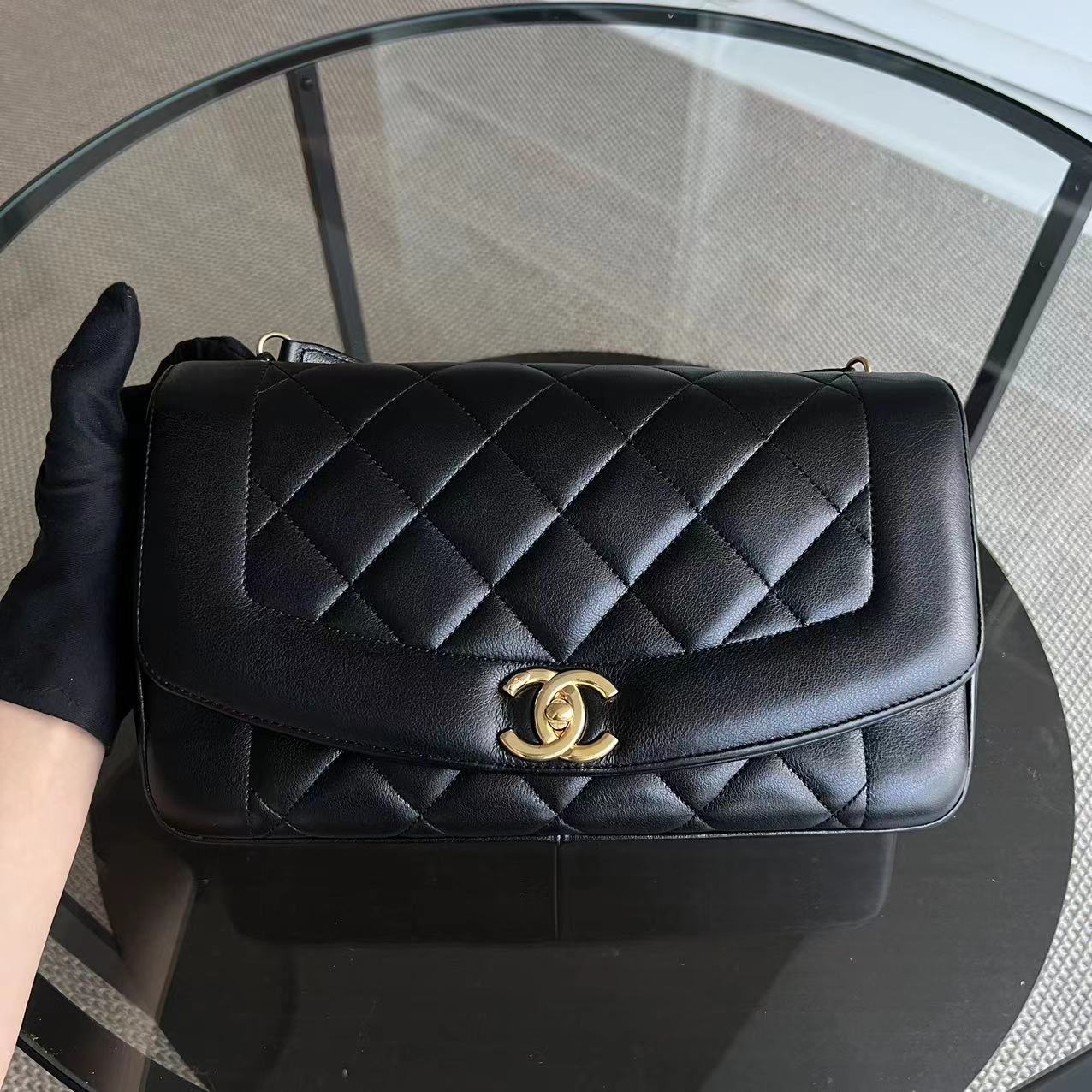 *Modern Reissue 2015* Chanel Diana 28CM Quilted Lambskin Black Golden Hardware Series 20 - Luxury Evermore