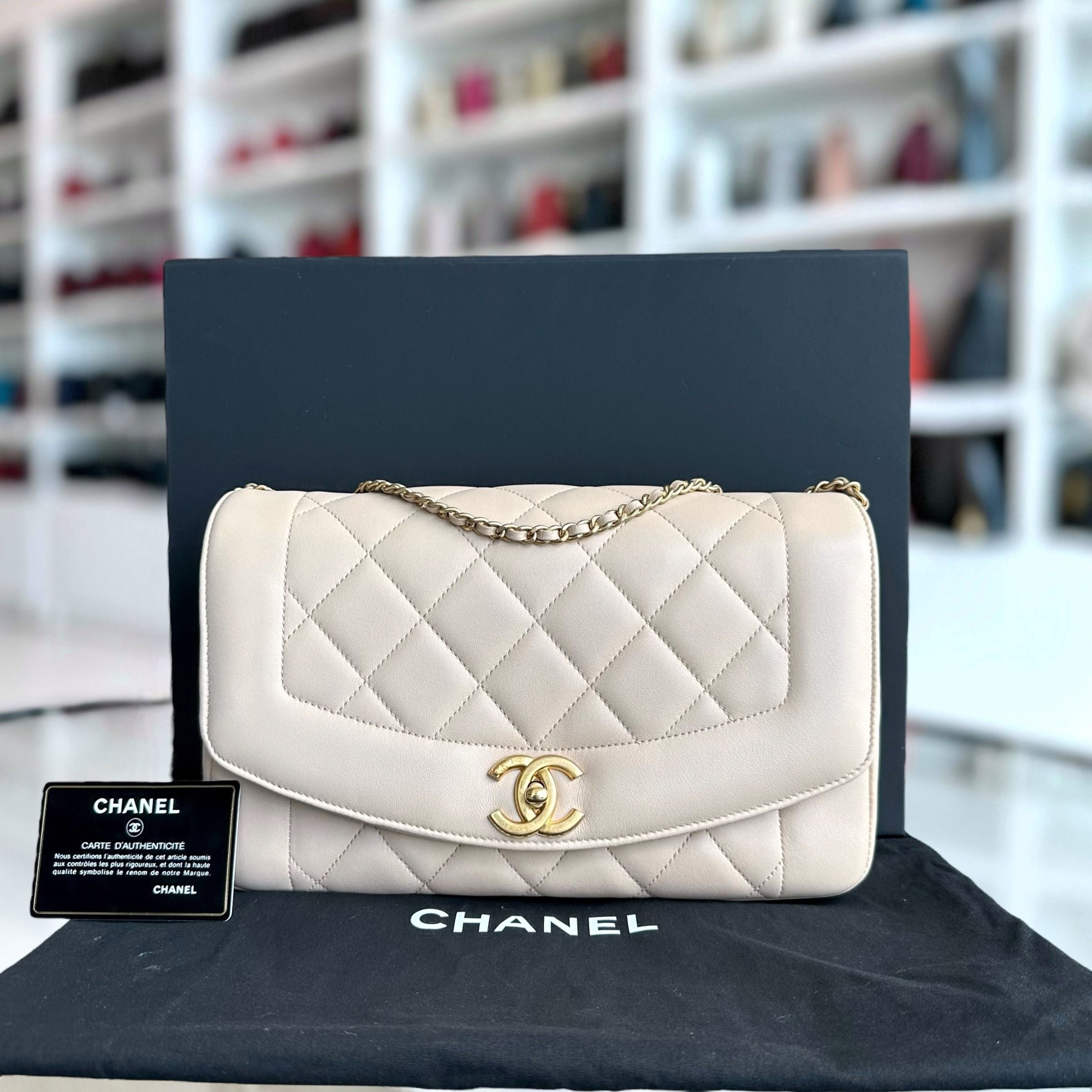 *Modern Reissue, Like New* Chanel Diana Jumbo 28CM Quilted Lambskin Beige GHW No 20 - Luxury Evermore