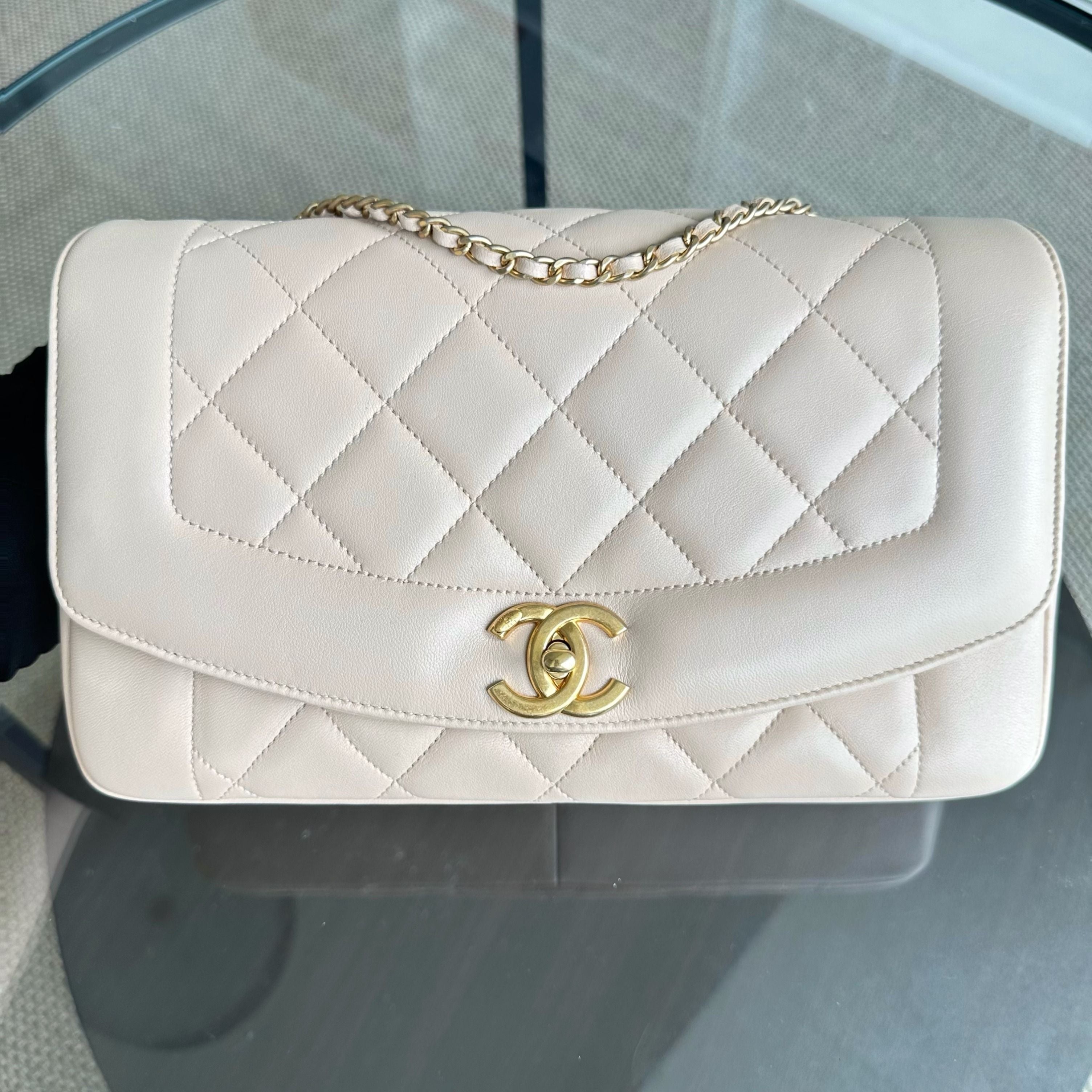 *Modern Reissue, Like New* Chanel Diana Jumbo 28CM Quilted Lambskin Beige GHW No 20 - Luxury Evermore