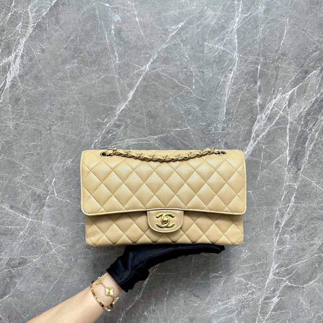 *No 26* Chanel Caviar Medium Classic Flap Double Flap Beige GHW - Luxury Evermore