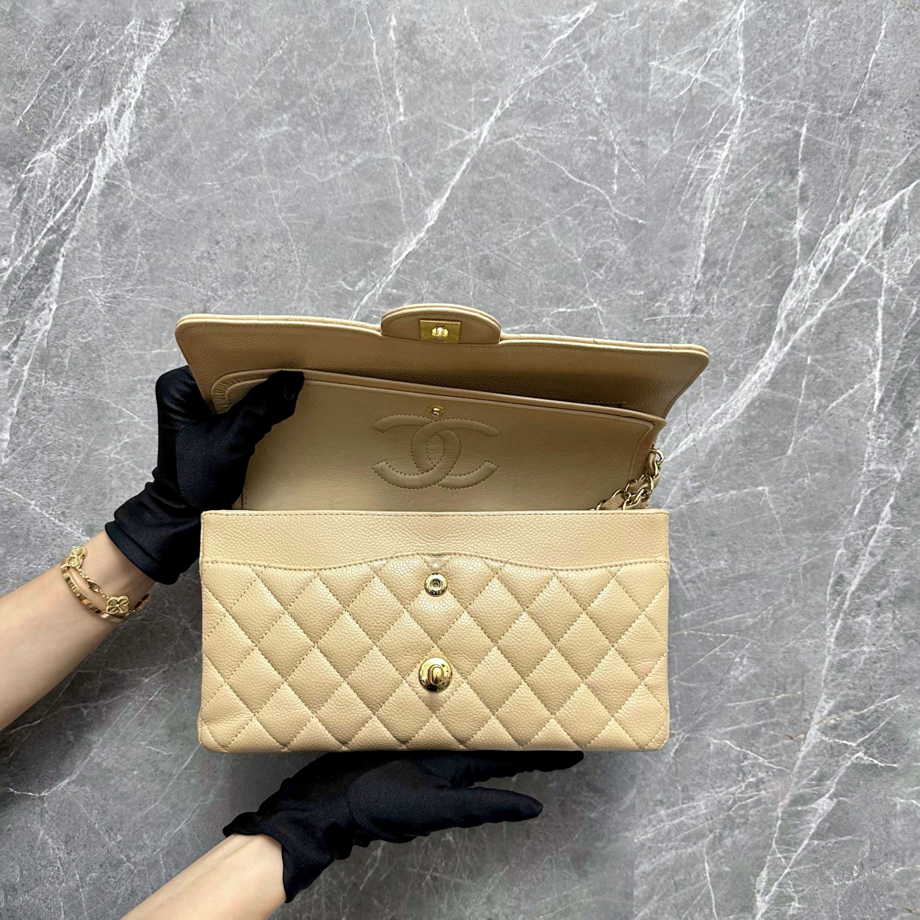 *No 26* Chanel Caviar Medium Classic Flap Double Flap Beige GHW - Luxury Evermore