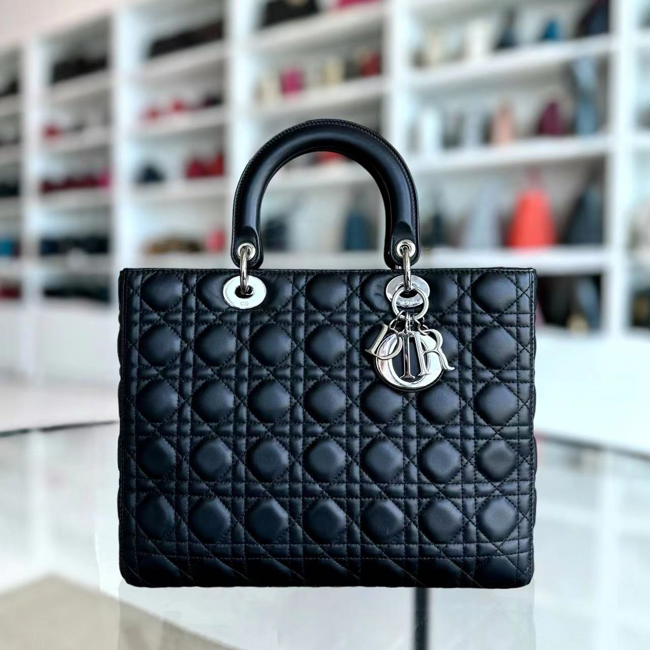 *No Strap* Dior Lady Large Cannage Lambskin Black SHW - Luxury Evermore