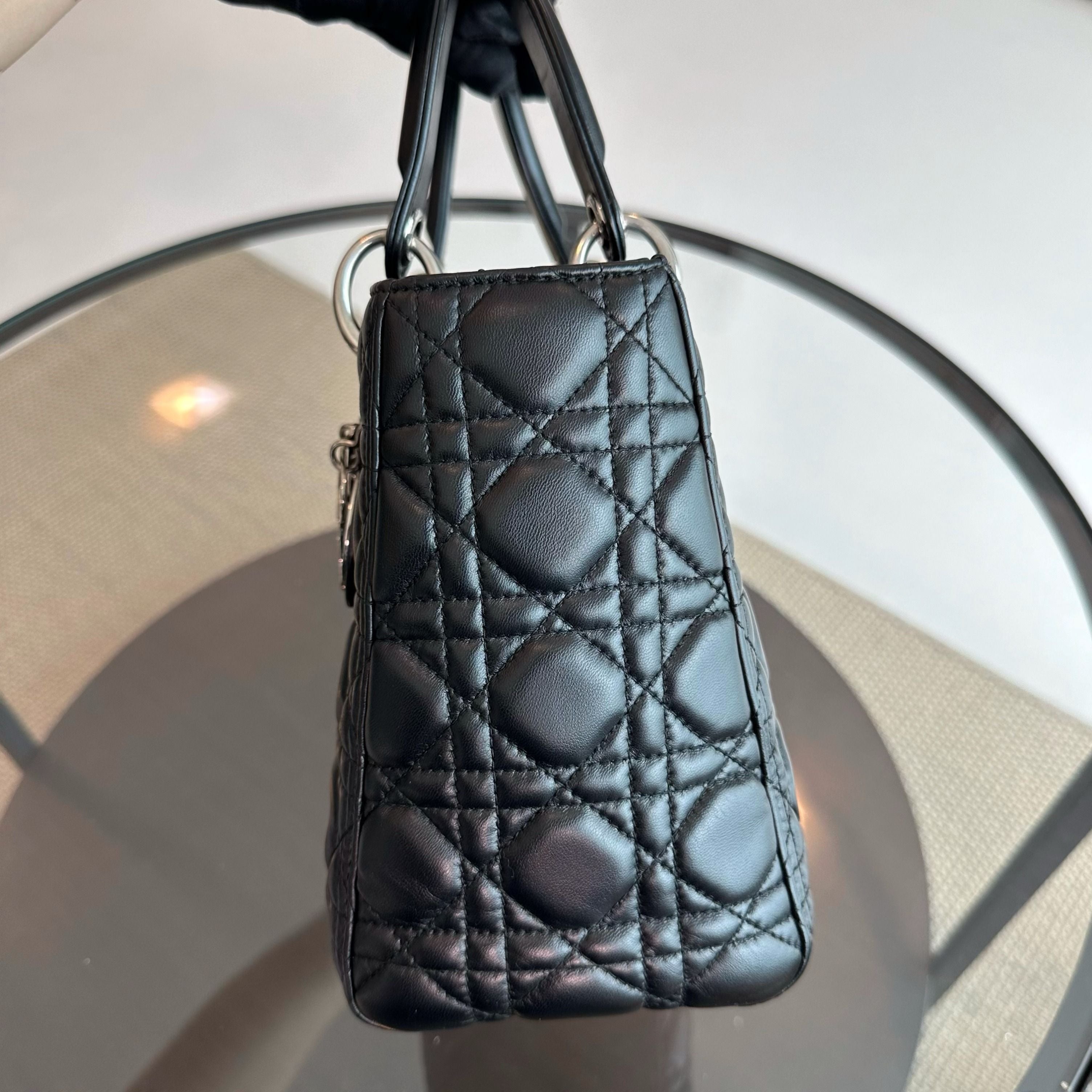 *No Strap* Dior Lady Medium Lambskin Cannage Black SHW - Luxury Evermore