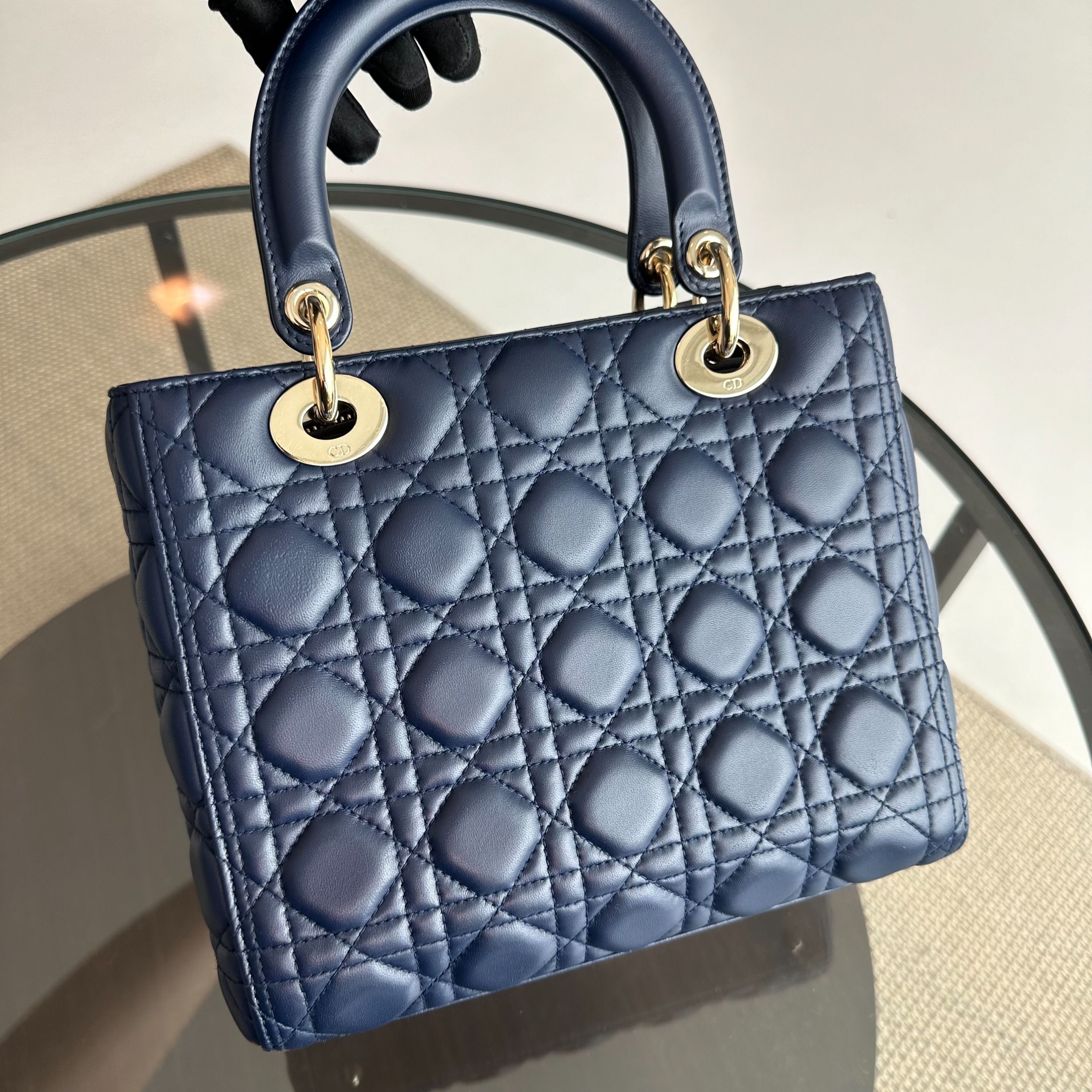 *No Strap* Dior Lady Medium Lambskin Dark Blue GHW - Luxury Evermore