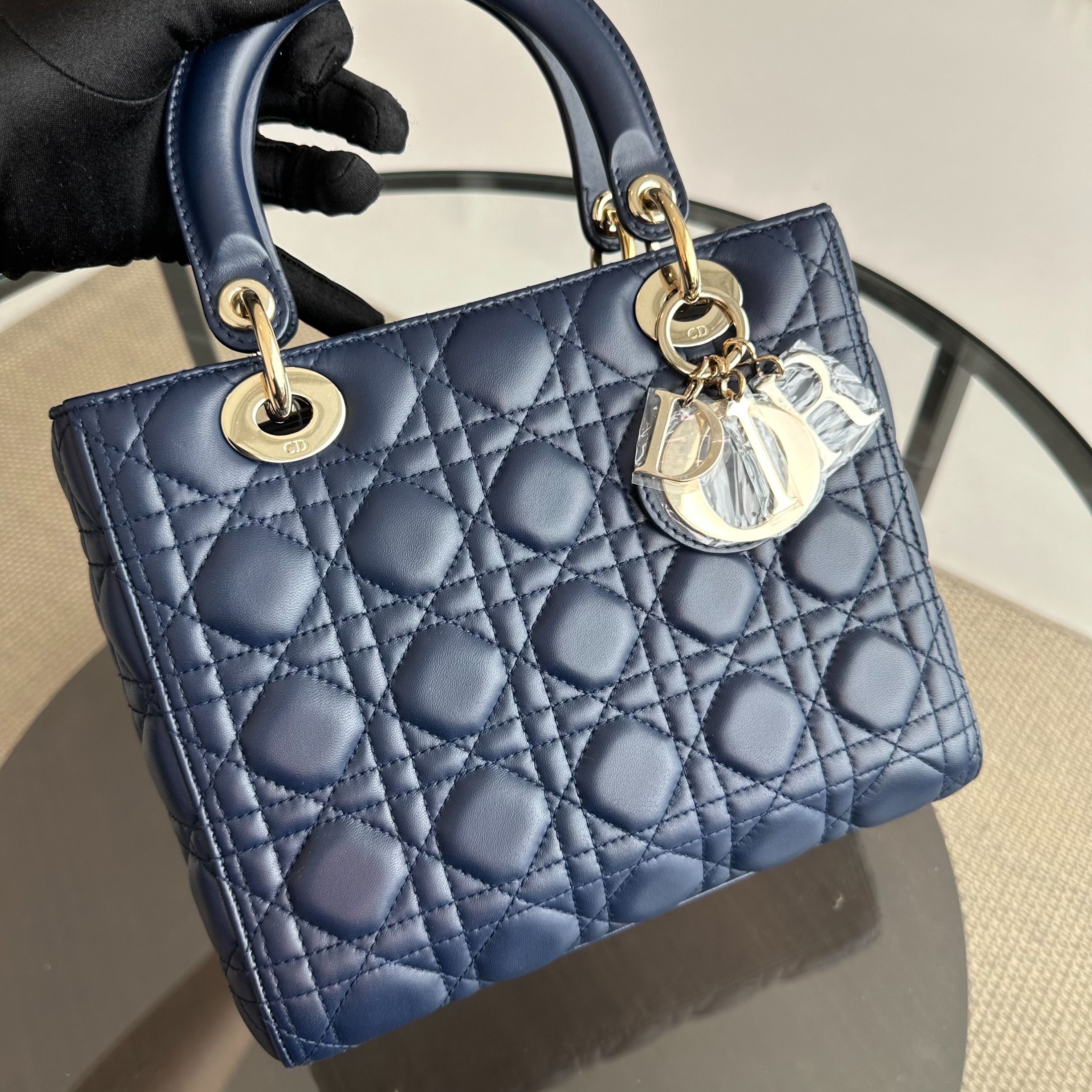 *No Strap* Dior Lady Medium Lambskin Dark Blue GHW - Luxury Evermore