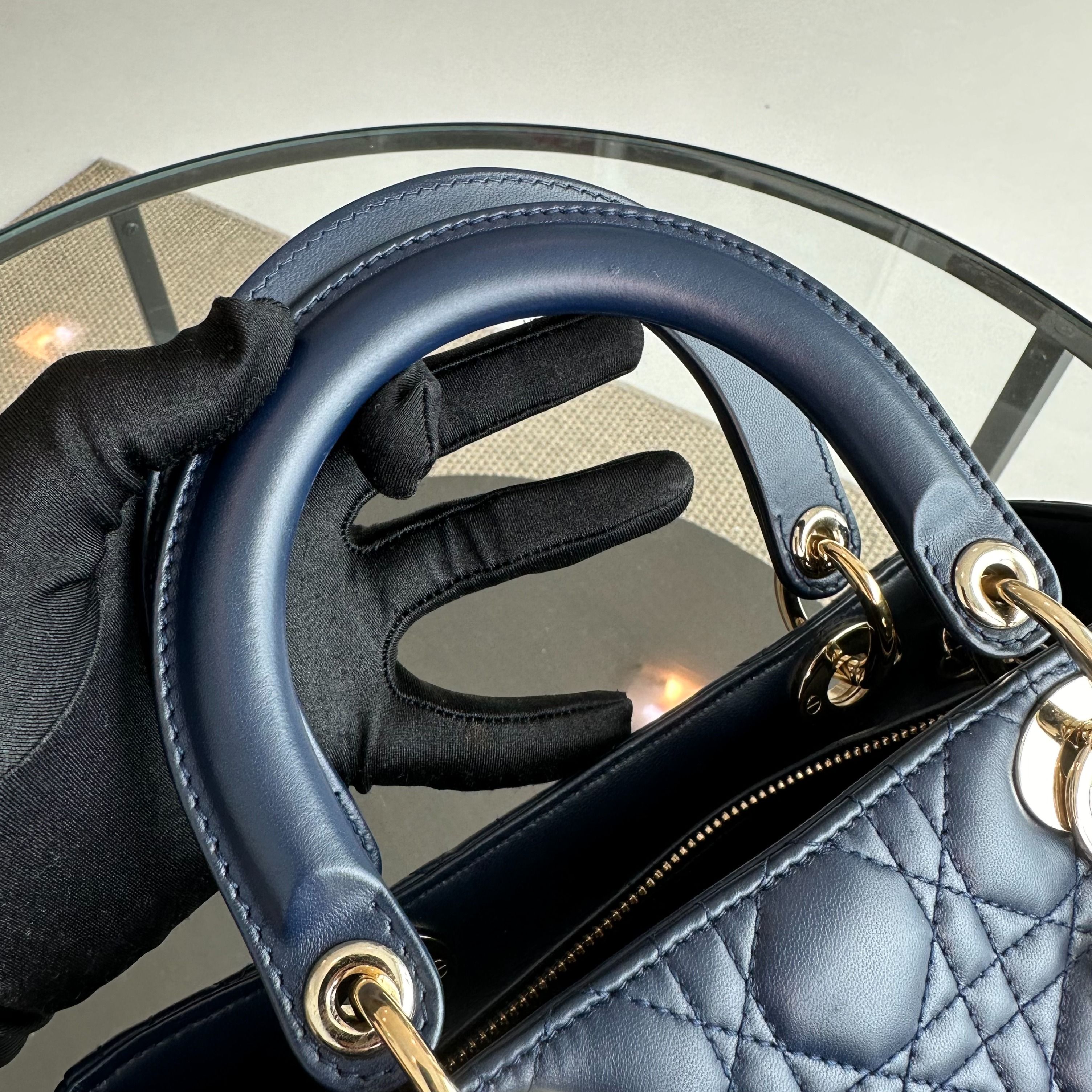 *No Strap* Dior Lady Medium Lambskin Dark Blue GHW - Luxury Evermore