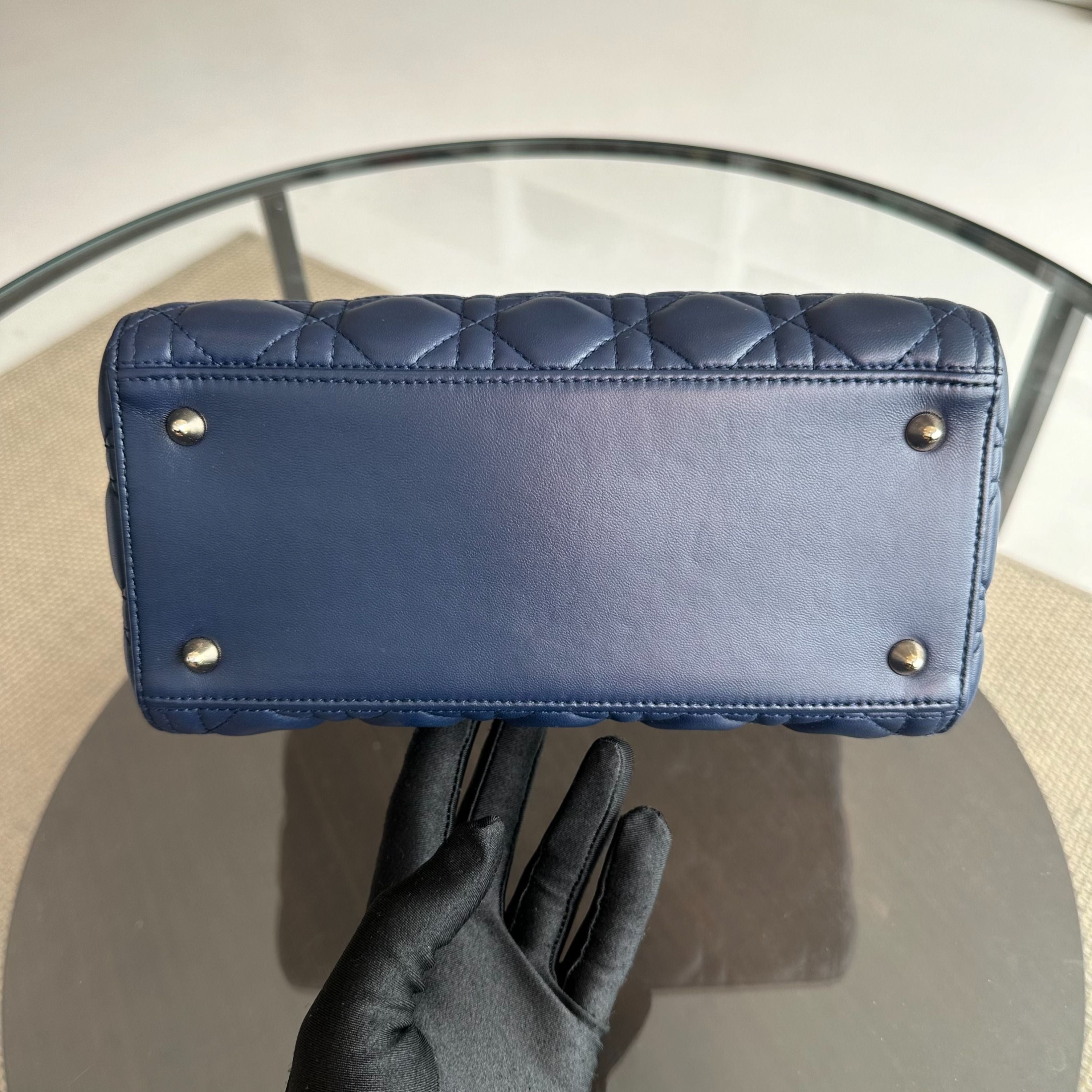 *No Strap* Dior Lady Medium Lambskin Dark Blue GHW - Luxury Evermore