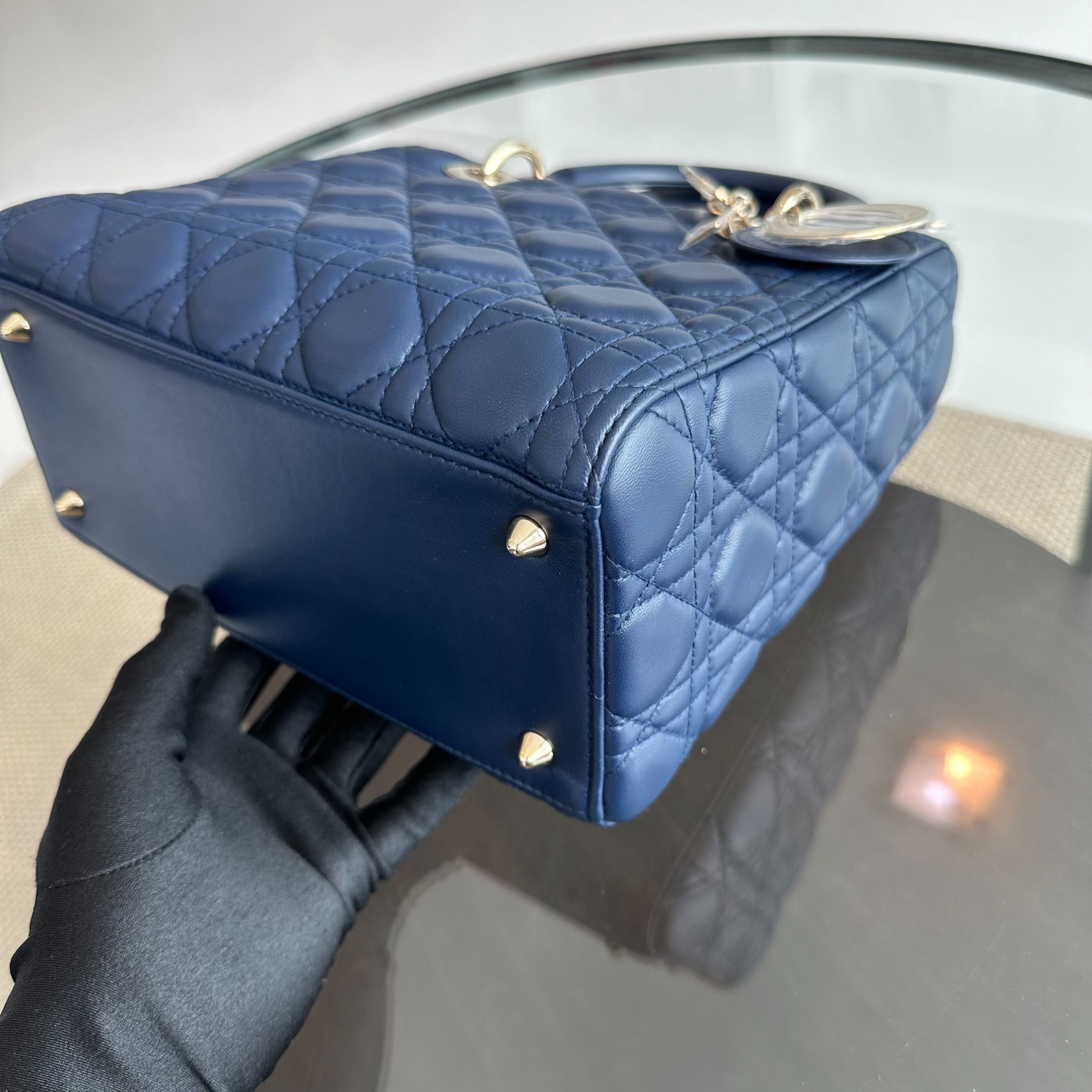 *No Strap* Dior Lady Medium Lambskin Dark Blue GHW - Luxury Evermore