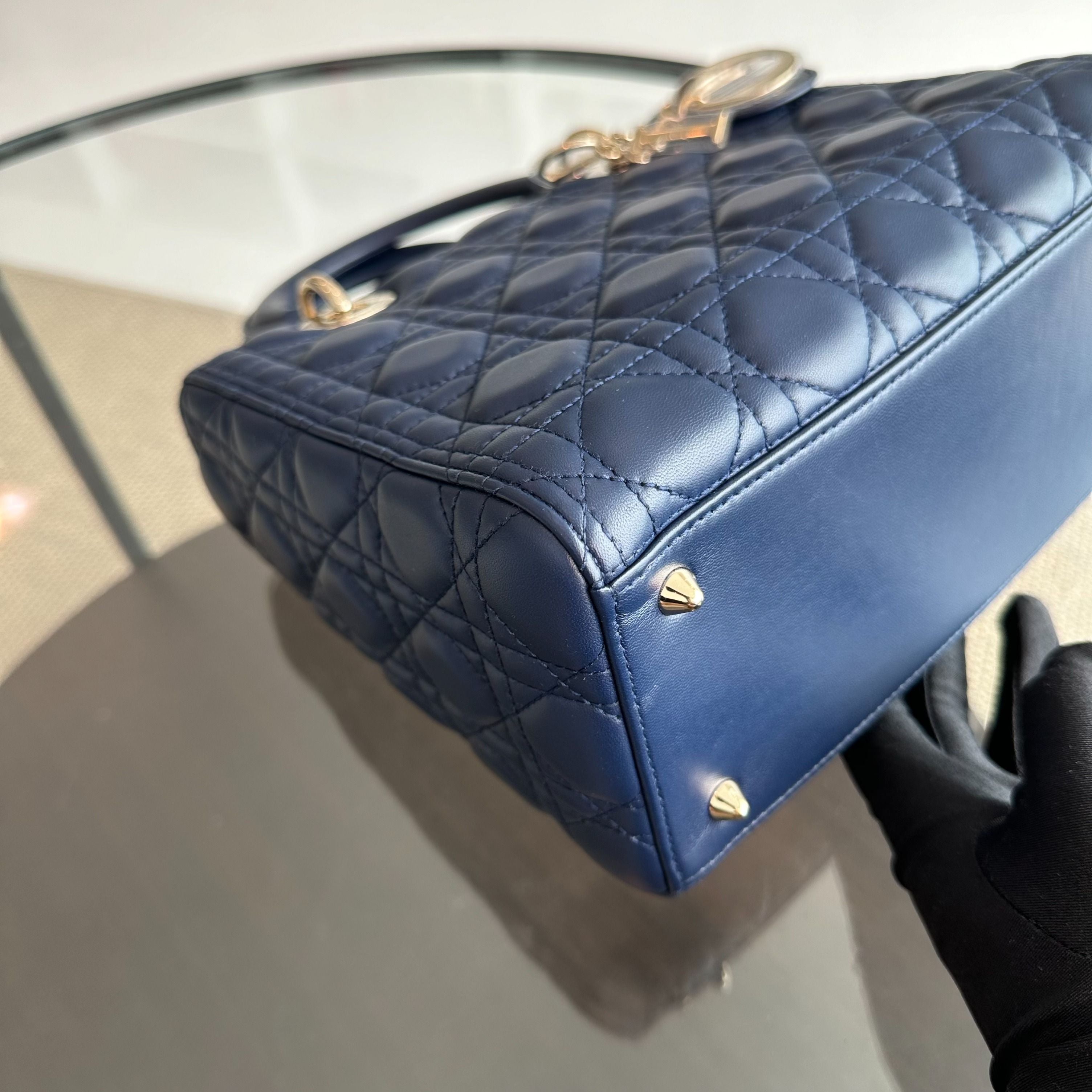 *No Strap* Dior Lady Medium Lambskin Dark Blue GHW - Luxury Evermore