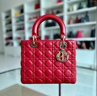 *No Strap* Dior Lady Medium Lambskin Red GHW - Luxury Evermore