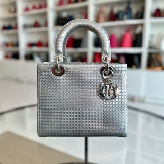 *No Strap* Dior Lady Medium Micro-Cannage Metallic Limited Edition Silver SHW - Luxury Evermore